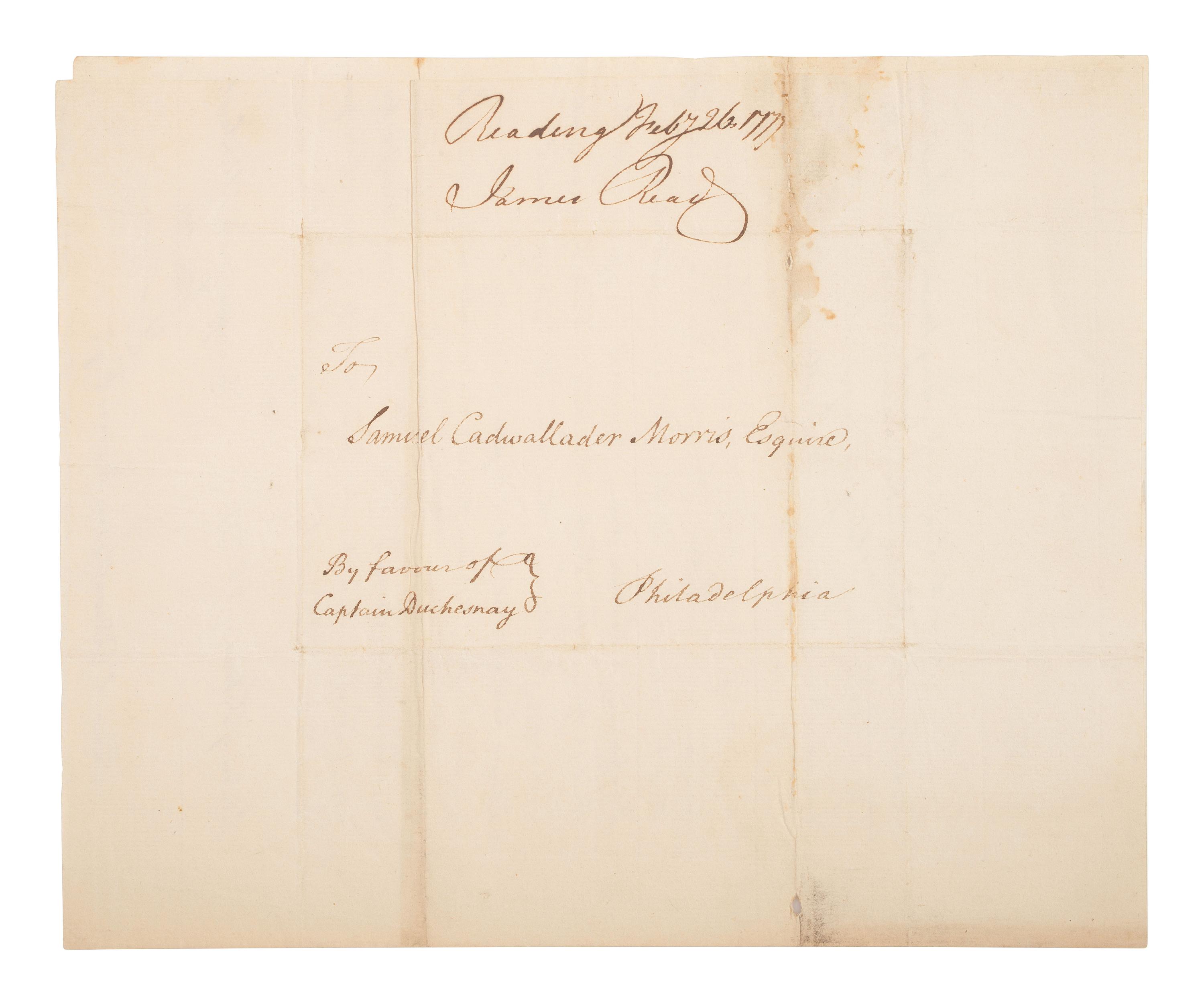 [REVOLUTIONARY WAR]. READ, James (1718-1793). Letter signed ("James Read"), regarding the exchange of British Officer Captain Antoine Juchereau Duchesnay. Reading, Pennsylvania. 26 February 1777.