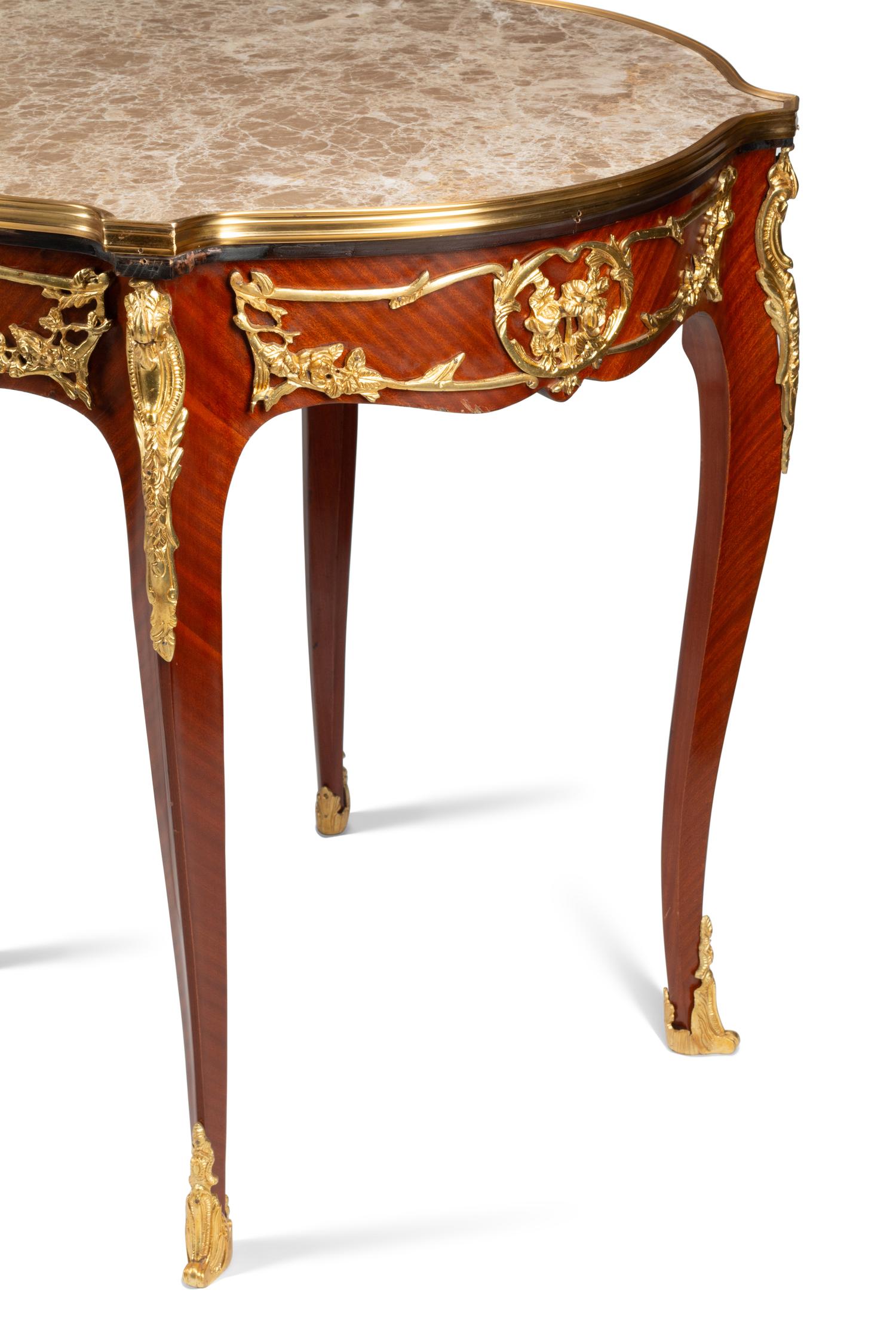 A Pair of Louis XV Style Bronze Mounted Marble-Top Tables