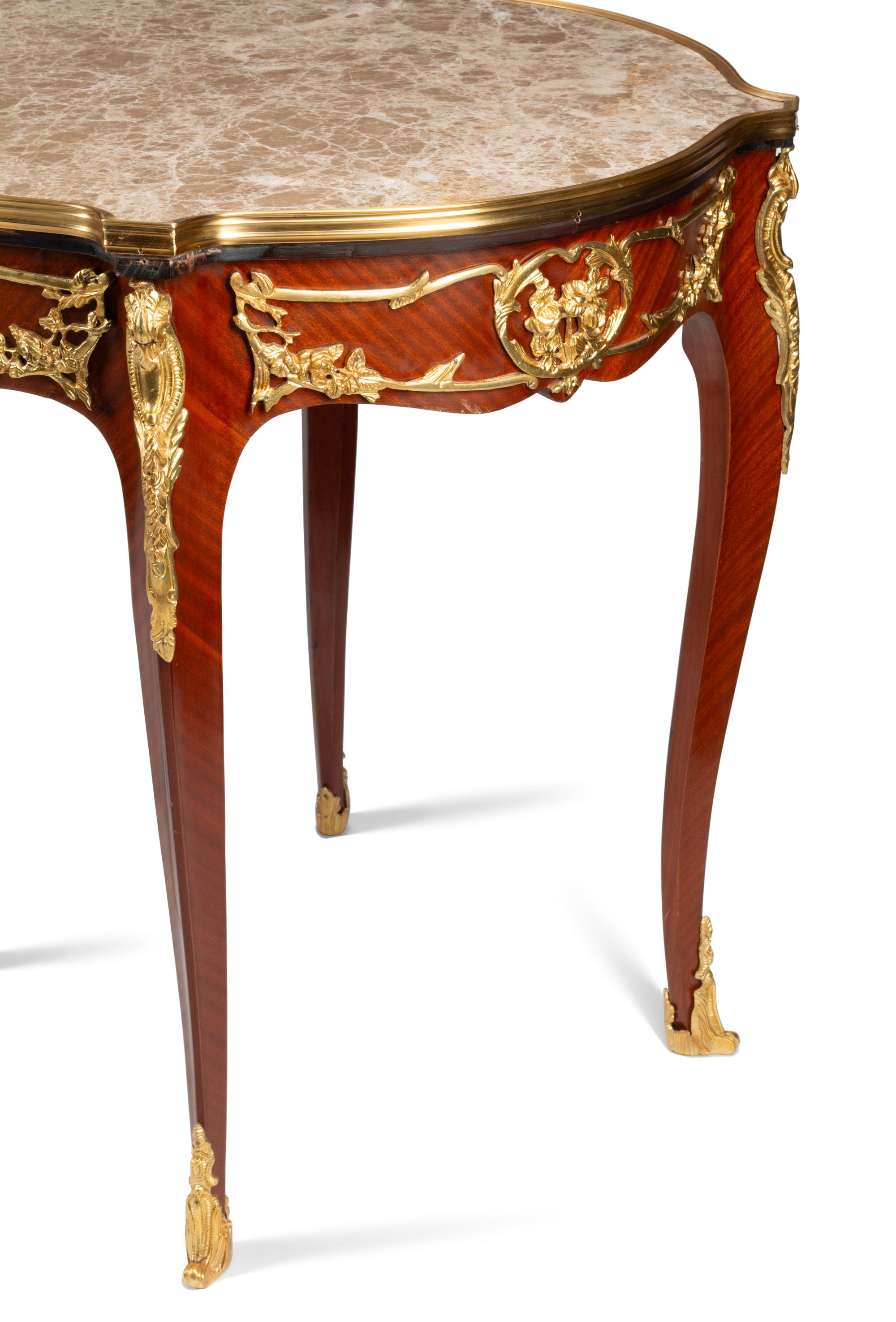 A Pair of Louis XV Style Bronze Mounted Marble-Top Tables