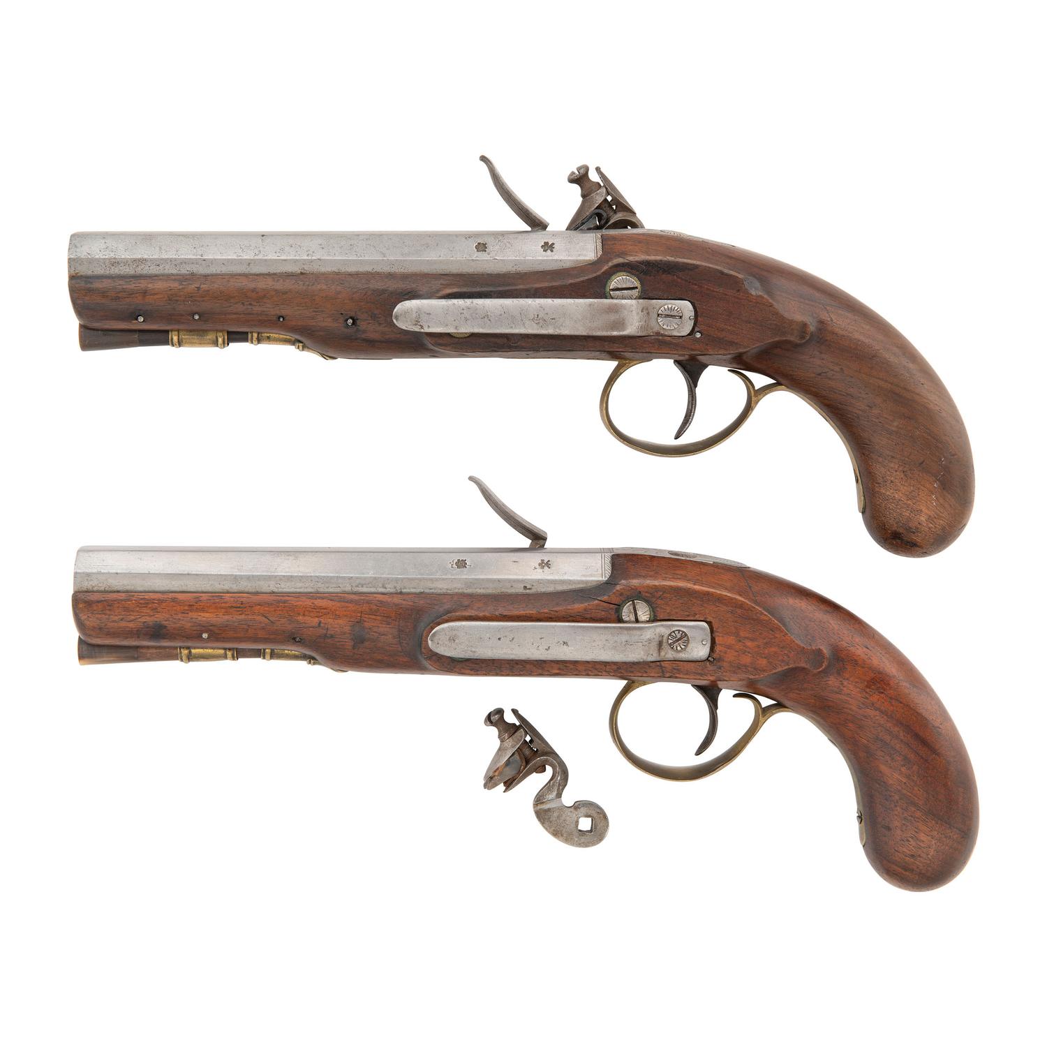 Pair of British Flintlock Pistols with Belt Hooks by Hampton
