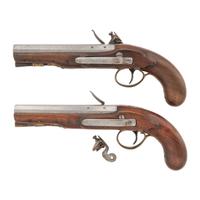 Pair of British Flintlock Pistols with Belt Hooks by Hampton