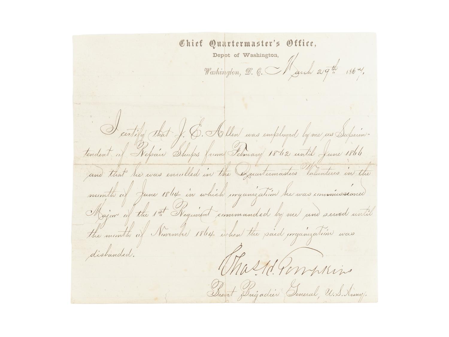 LINCOLN, Abraham (1809-1865). Autograph note, signed ("A. Lincoln"), as President, Washington, D.C., 7 April 1864.
