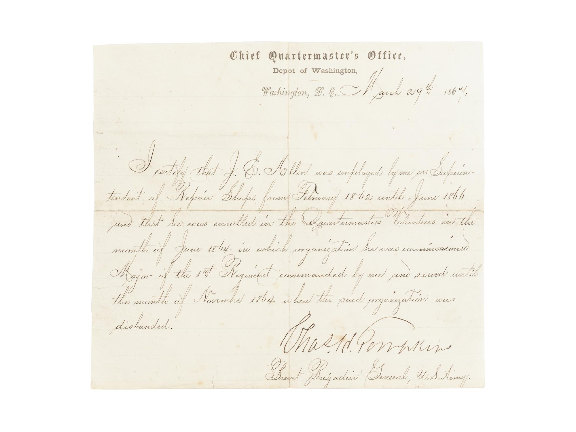 LINCOLN, Abraham (1809-1865). Autograph note, signed ("A. Lincoln"), as President, Washington, D.C., 7 April 1864.