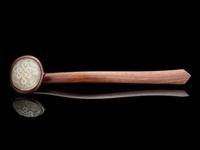 A Chinese Grey Jade Inset Hardwood Ruyi Scepter
