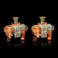 A Pair of Chinese Famille Rose Porcelain Elephant-Form Candle Holders, 19th Century 清晚期 粉彩太平有象燭臺一對