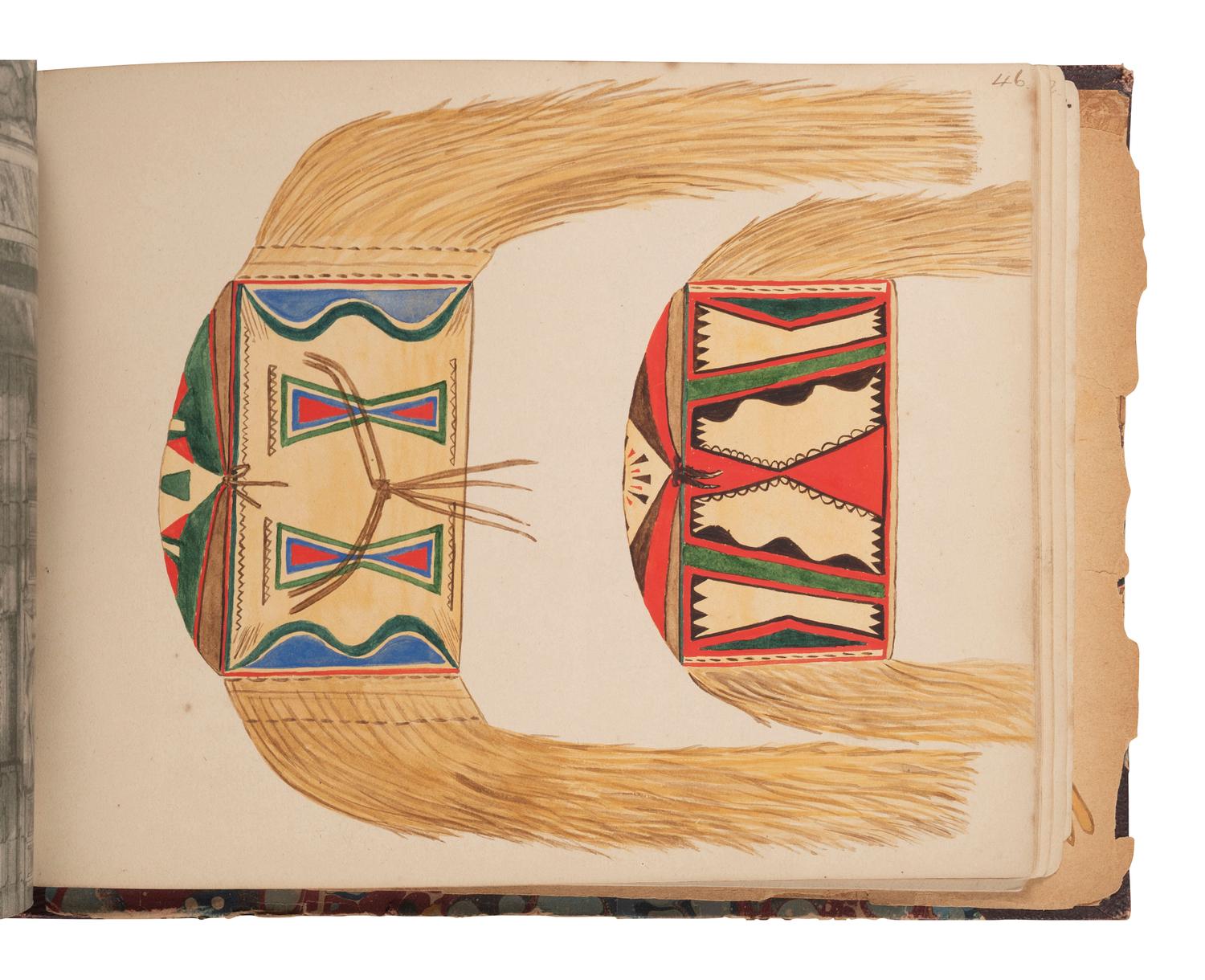 [NATIVE AMERICAN] -- [GOLD RUSH]. An album of watercolor drawings by prospector George V. Storkey (ca 1867-1942) depicting British Columbian Indigenous objects, likely related to the Nlaka’pamux, ca late 1890s-early 1900s.
