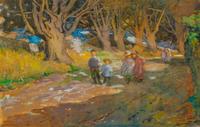Family on a Hillside and Children in a Forest