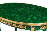A Pair of Louis XV Style Gilt Bronze Mounted Malachite Tables