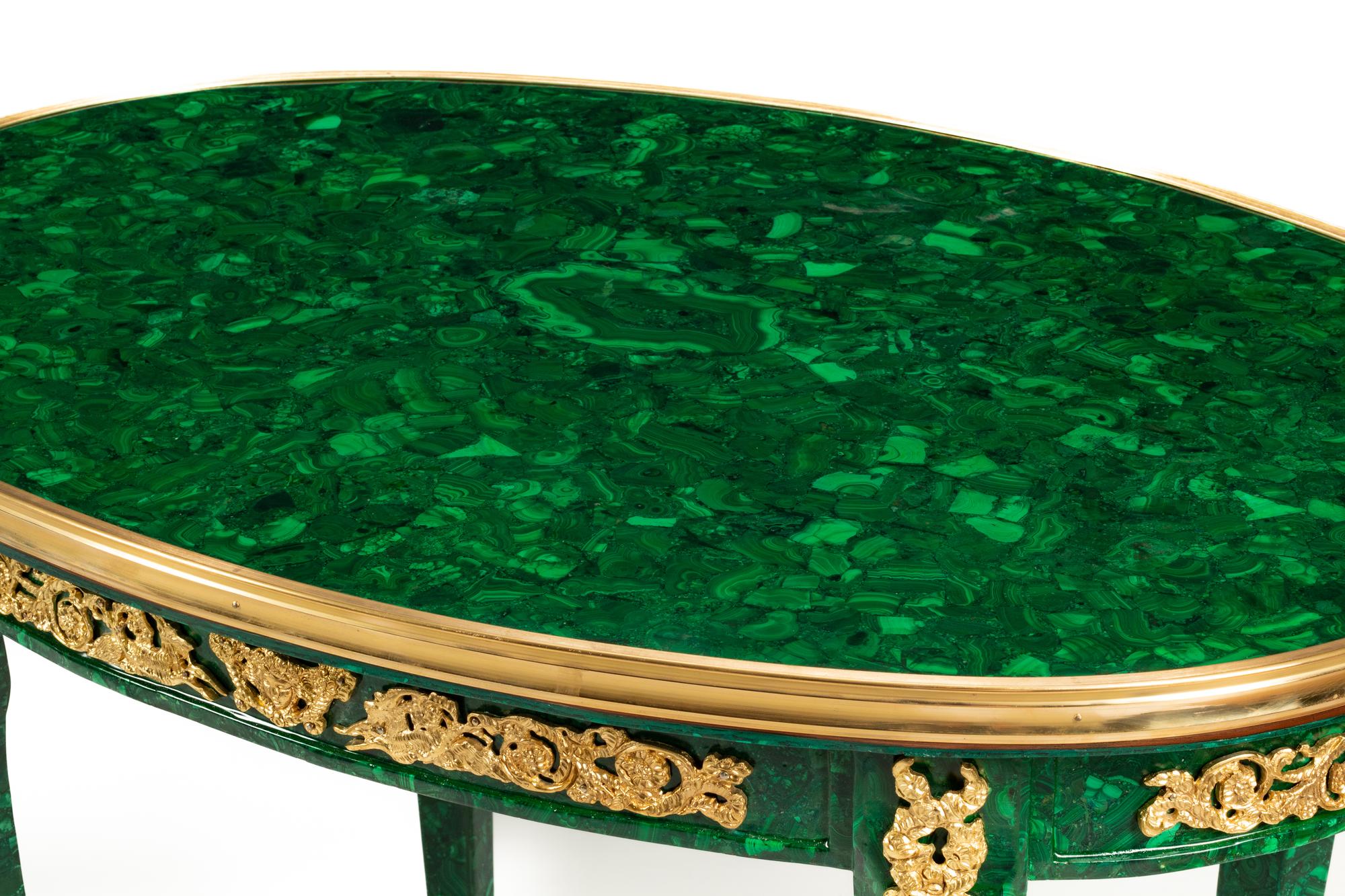 A Pair of Louis XV Style Gilt Bronze Mounted Malachite Tables