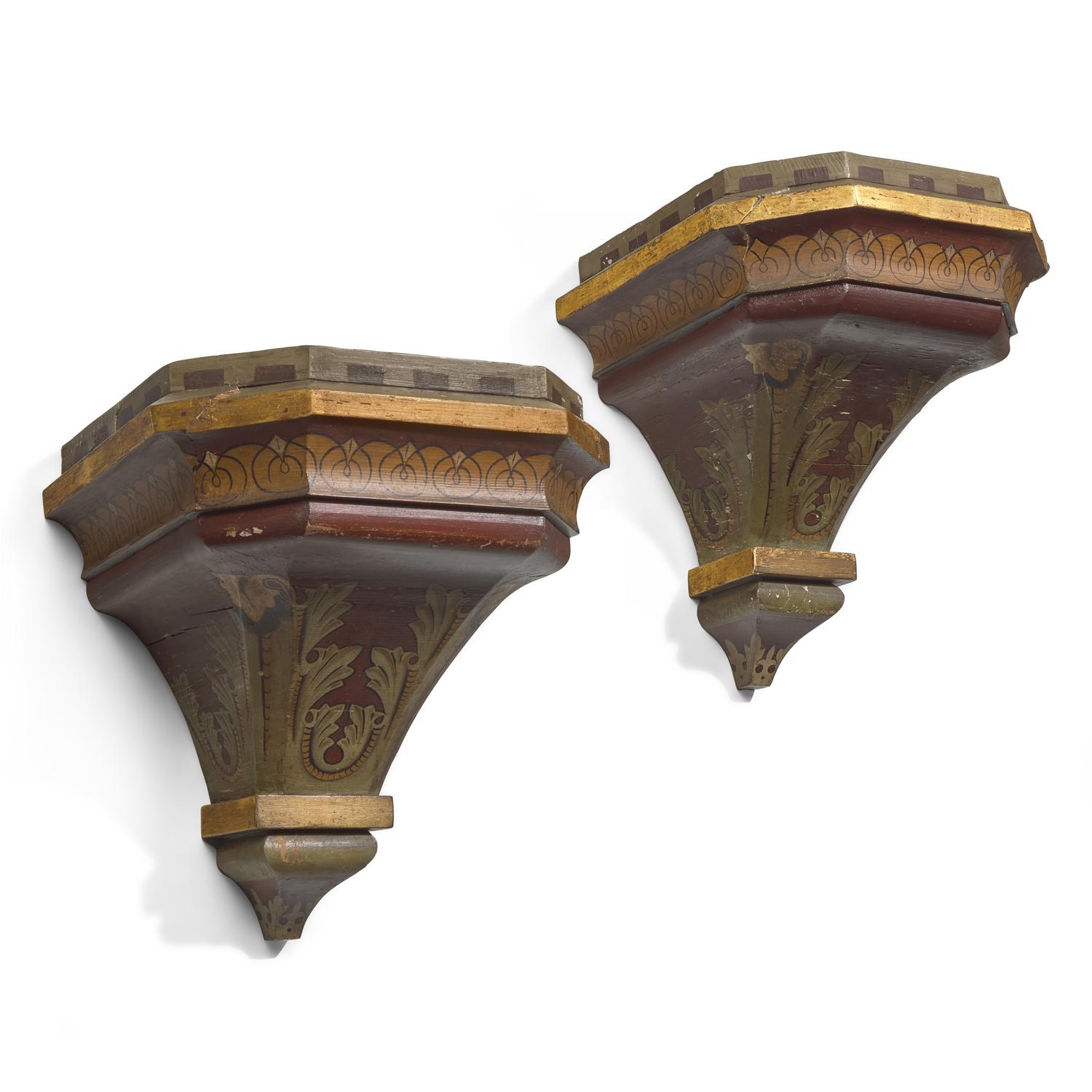 A Pair of Renaissance Revival Polychrome Painted and Parcel-Gilt Wall Brackets