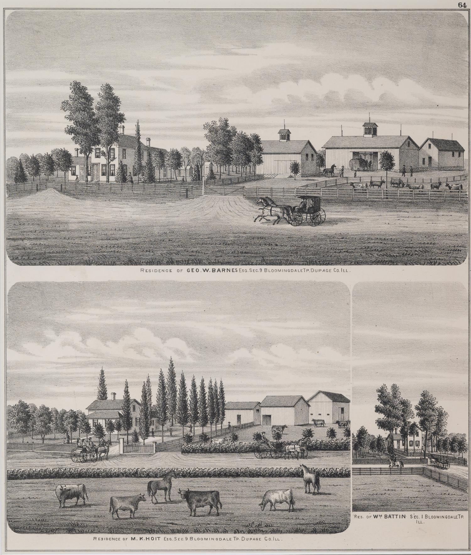 Printed City Views and Farm Scenes of Bloomingdale and Dupage County, Ill. N.p.: N.d. 23 x 21 In. Matted and framed.
