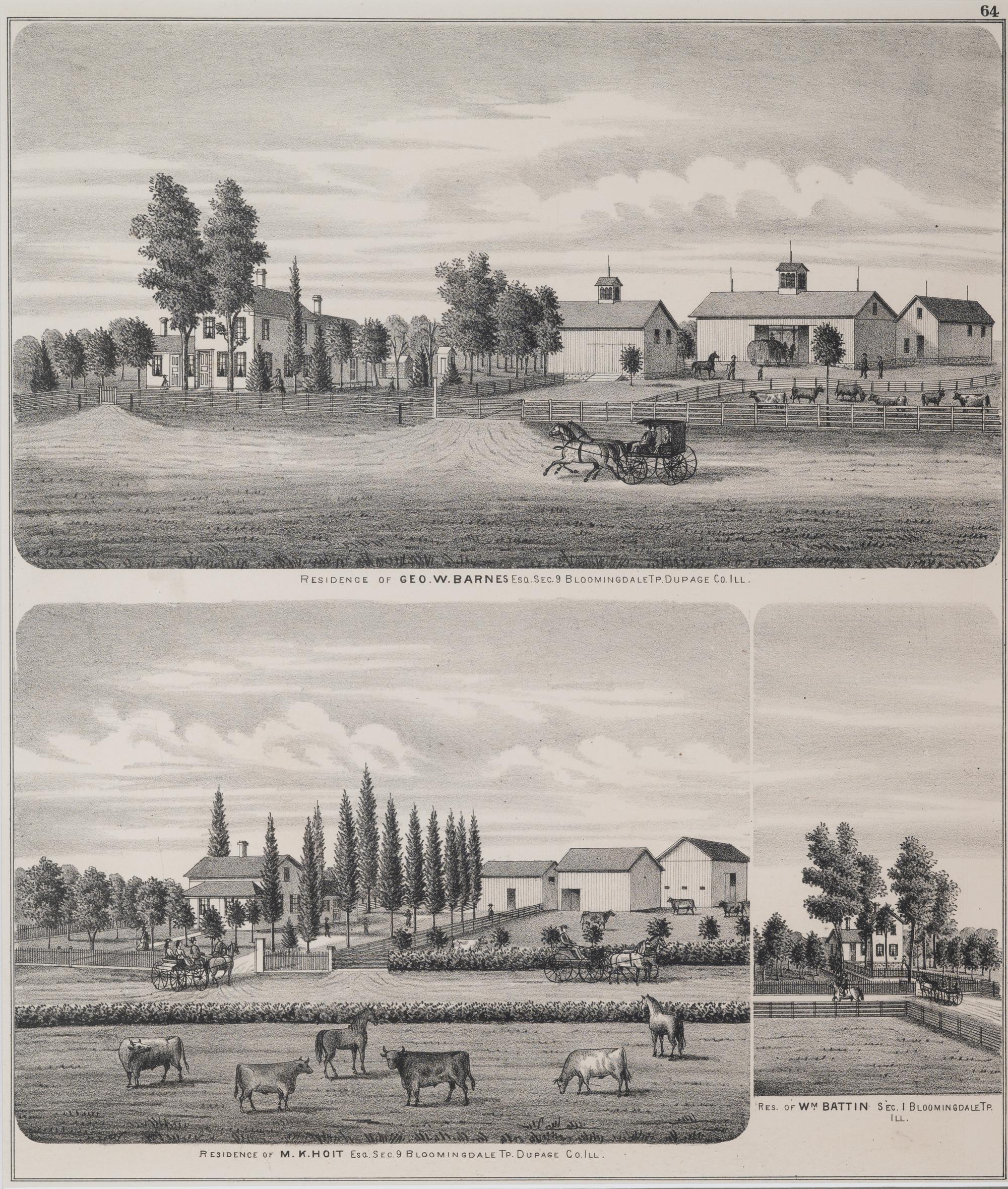 Printed City Views and Farm Scenes of Bloomingdale and Dupage County, Ill. N.p.: N.d. 23 x 21 In. Matted and framed.