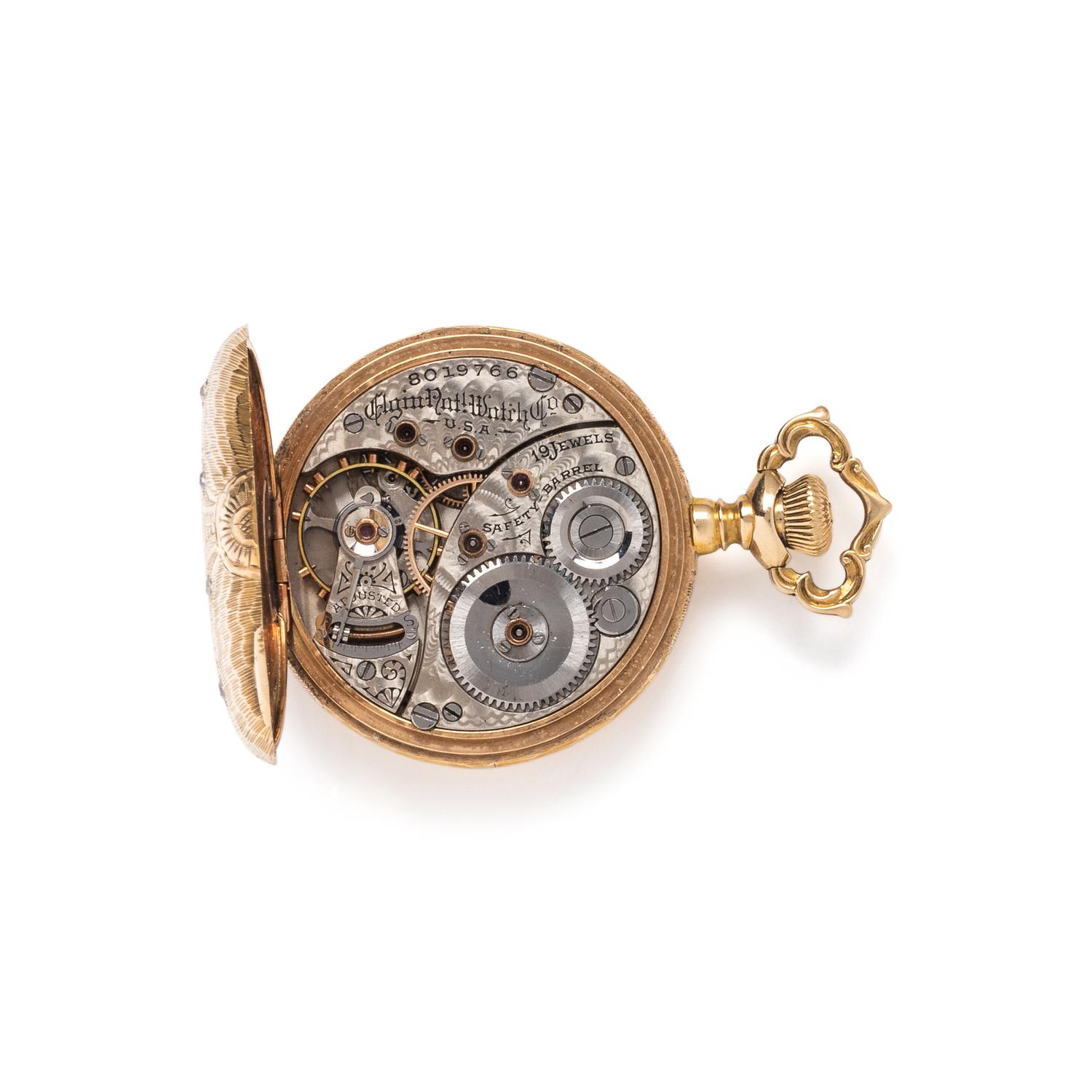14K YELLOW GOLD AND DIAMOND HUNTER CASE POCKET WATCH AND CHAIN