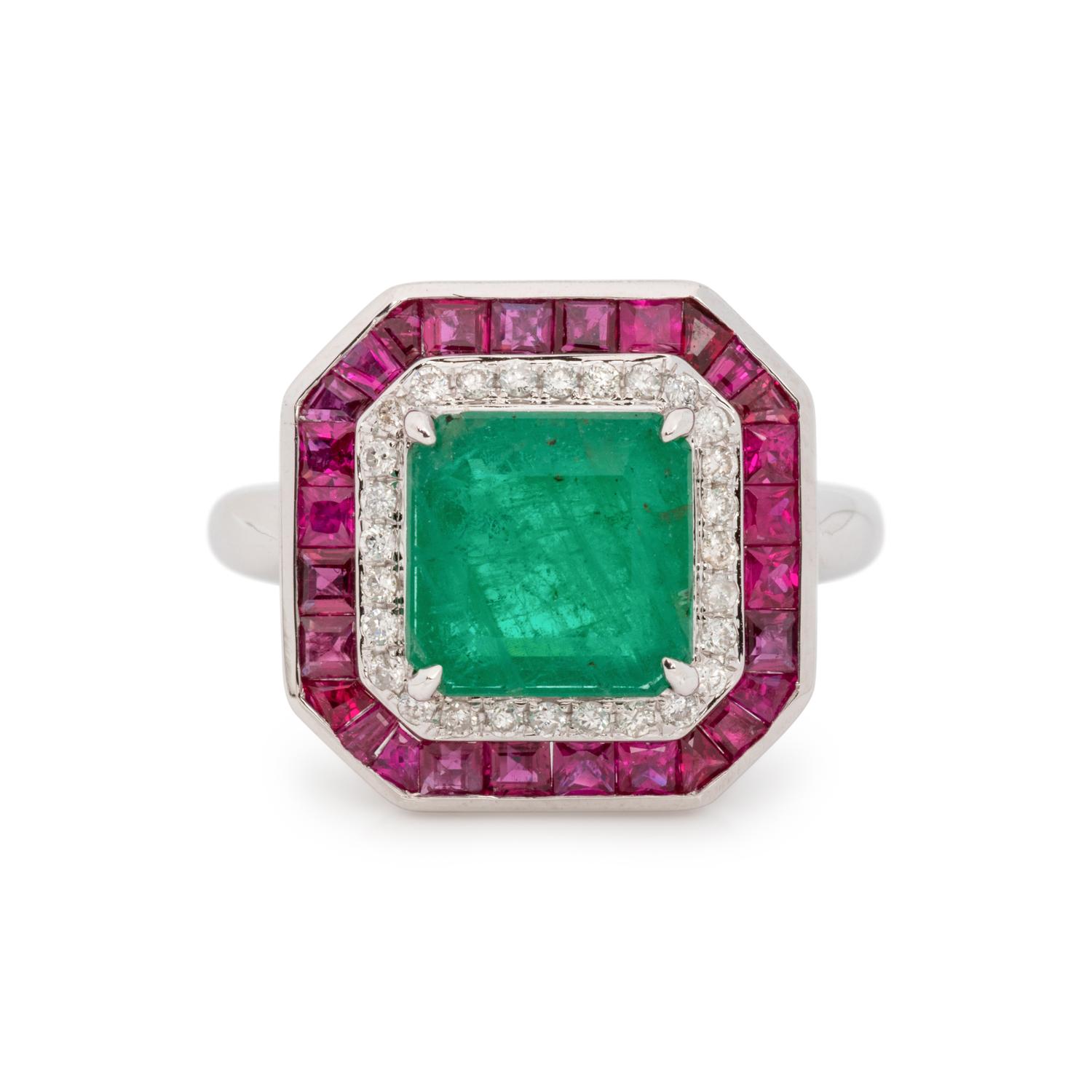 EMERALD, DIAMOND AND RUBY RING