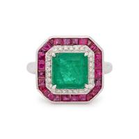 EMERALD, DIAMOND AND RUBY RING