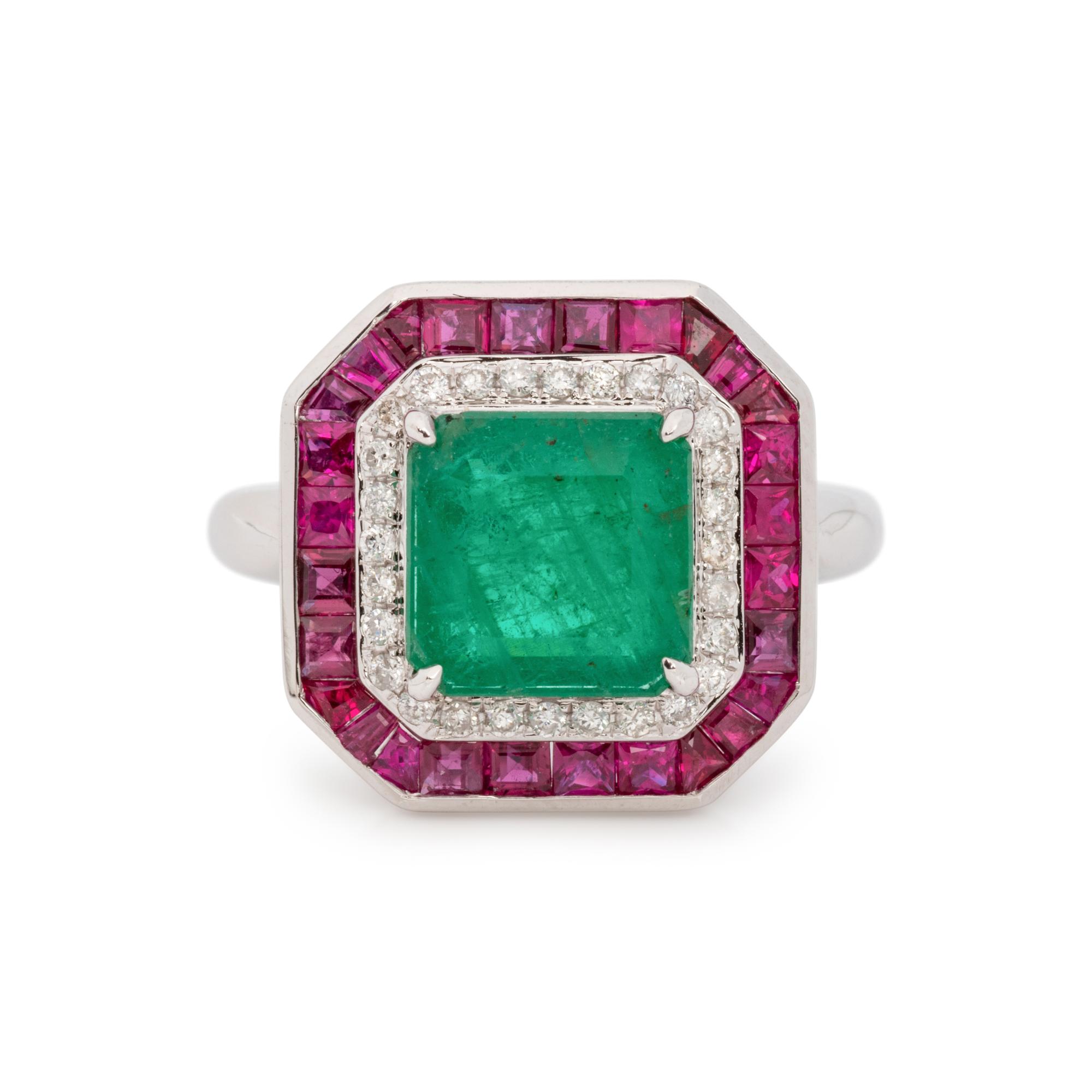 EMERALD, DIAMOND AND RUBY RING