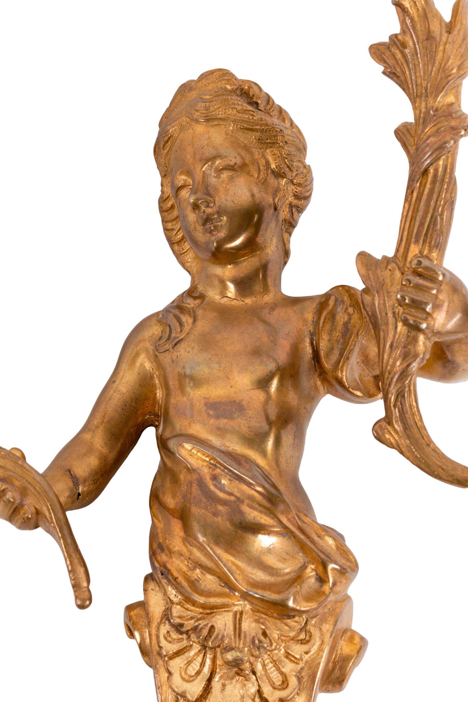 A Pair of Louis XV Style Gilt Bronze Figural Two-Light Sconces