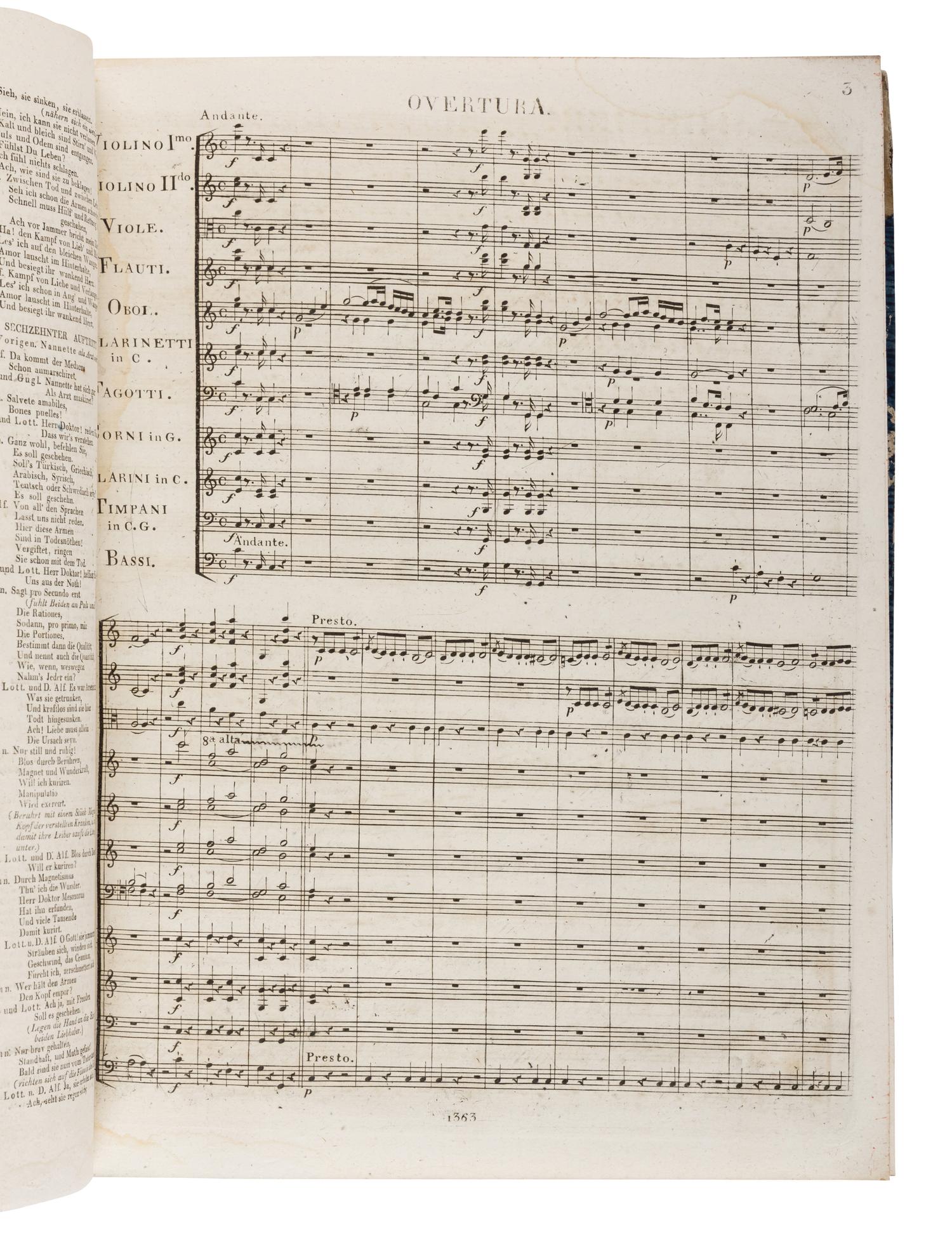 [MUSIC]. MOZART, Wolfgang Amadeus (1756-1791). Cosi Fan Tutte: Dramma giocoso in due Atti… Partitura . Leipzig: Breitkopf & Hartel, [1810].