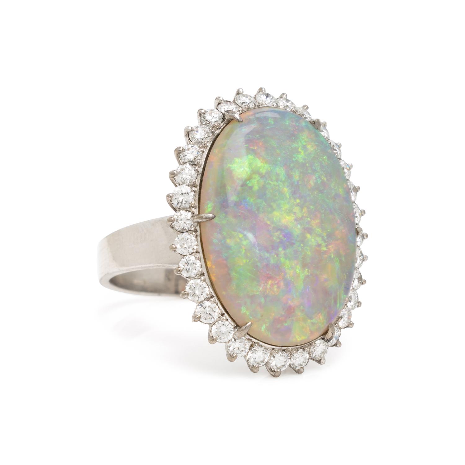 Opal Doublet, Diamond, and White Gold Ring