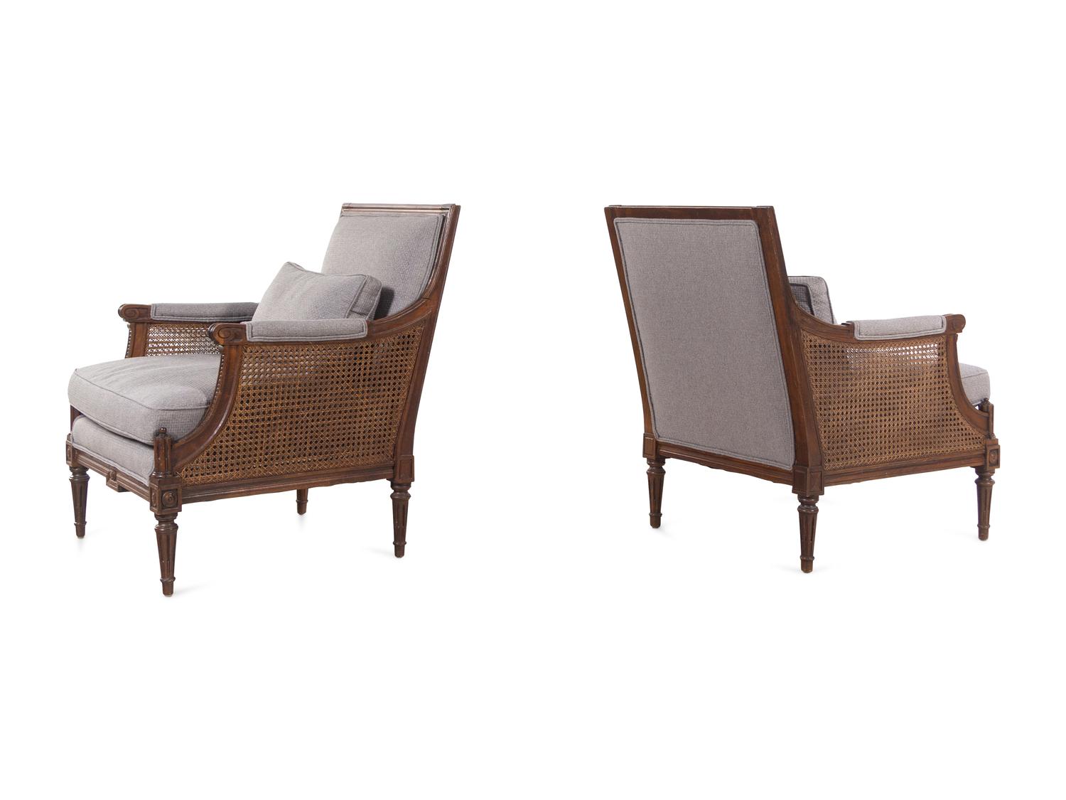 A Pair of Louis XVI Style Walnut Armchairs with Flannel Upholstery