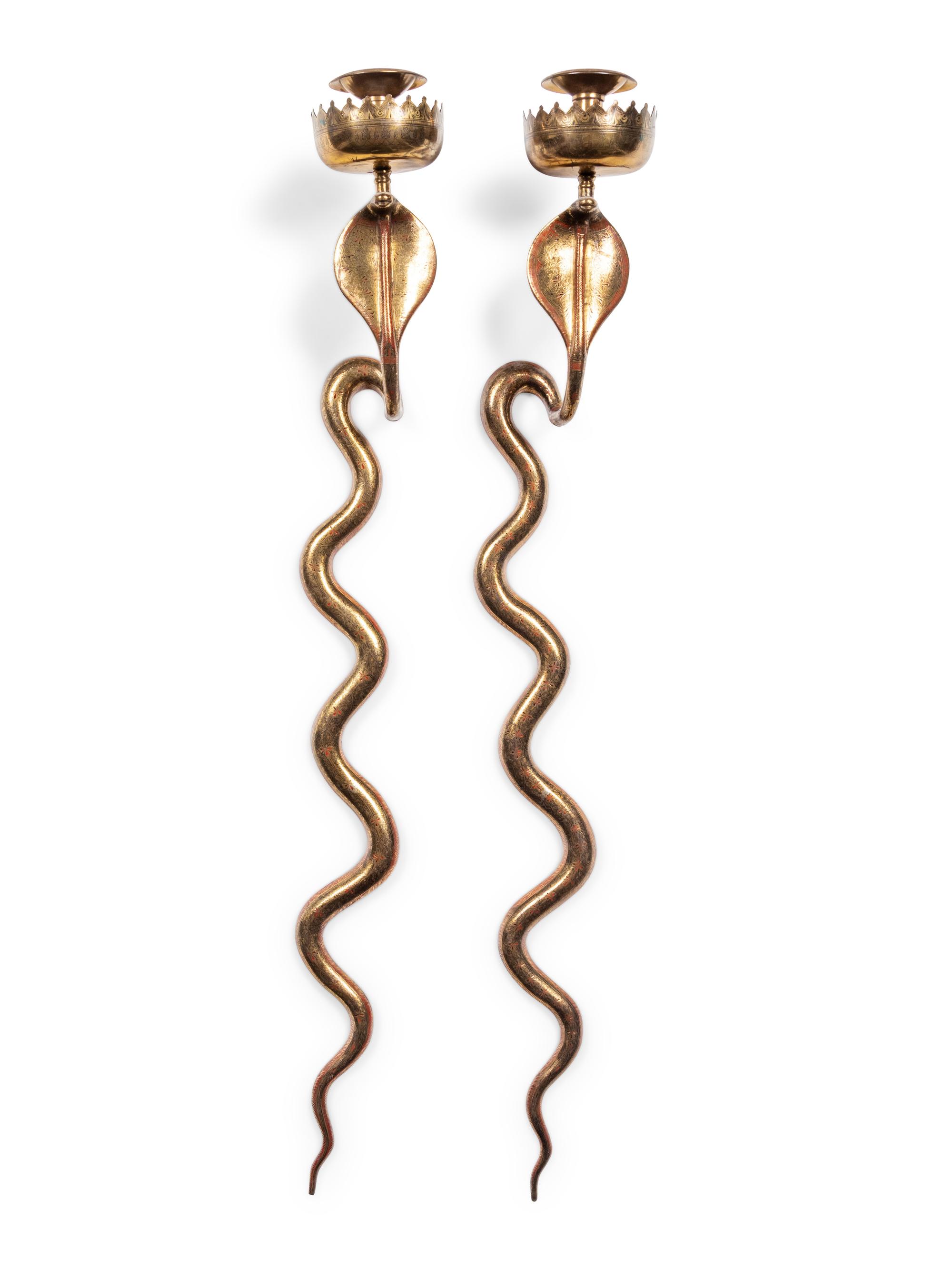 A Pair of Brass Cobra Single-Light Sconces and a Bronze Single-Light Cobra Sconce