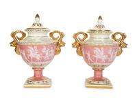 A Pair of Pâte-sur-Pâte Style Porcelain Urns with Gilt Dolphin Handles