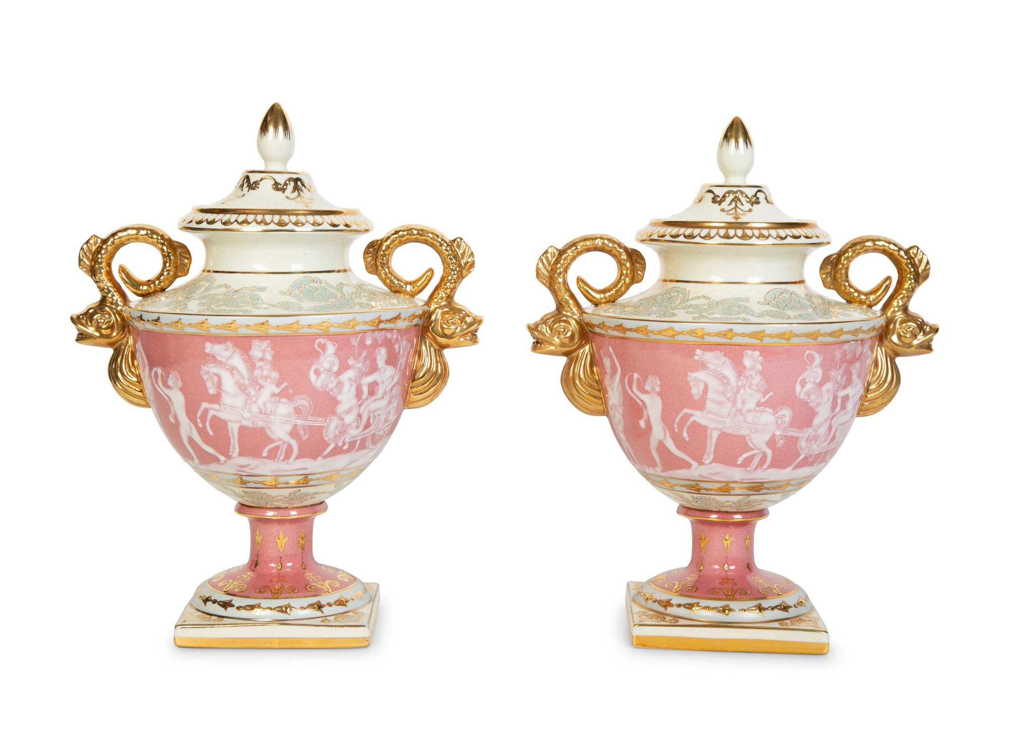 A Pair of Pâte-sur-Pâte Style Porcelain Urns with Gilt Dolphin Handles
