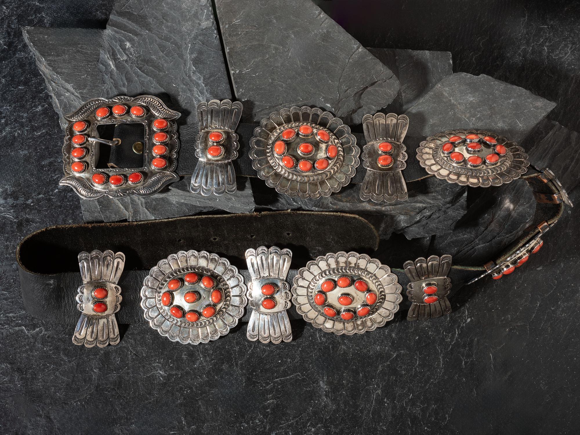 Navajo Silver and Coral Cluster Concha Belt