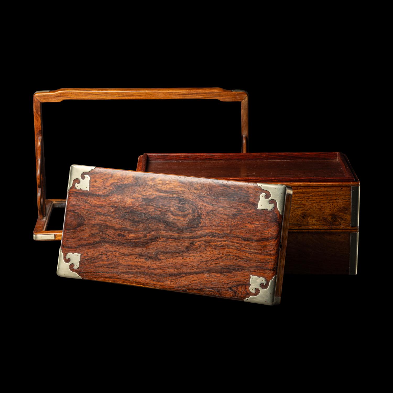 A Chinese Huanghuali Two-Tier Picnic Box, Tihe, 黃花梨兩幢提盒