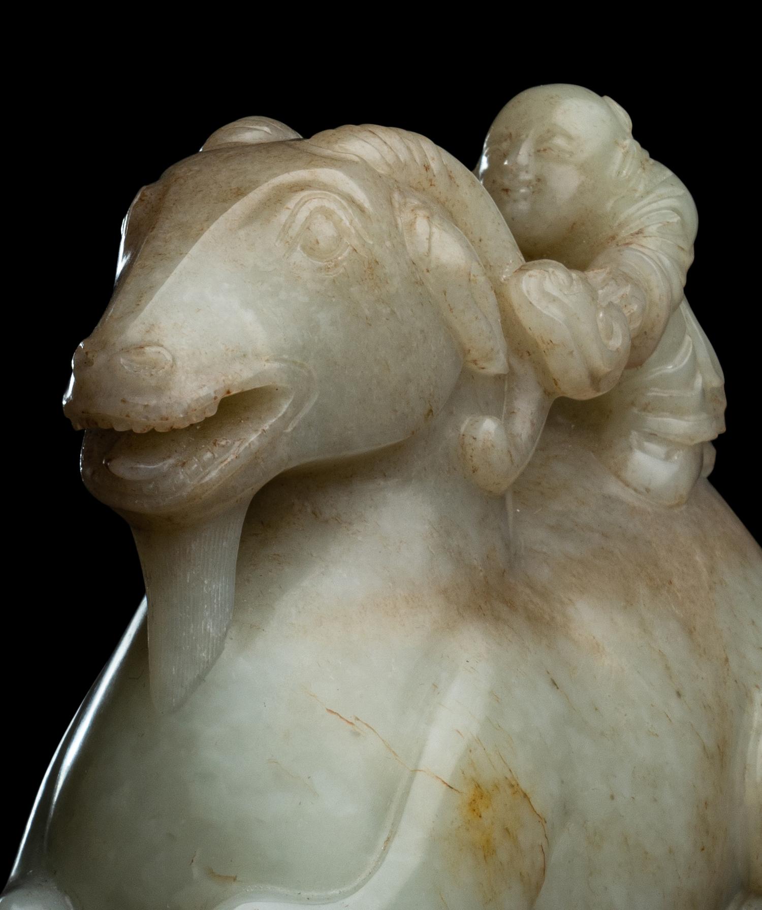 A Pale Celadon Jade 'Ram and Boy' Group