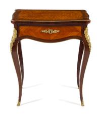 A Louis XV Style Gilt Bronze Mounted Kingwood and Parquetry Sewing Table Height 28 1/2 x width 24 1/2 x depth 17 inches. — EARLY 20TH CENTURY