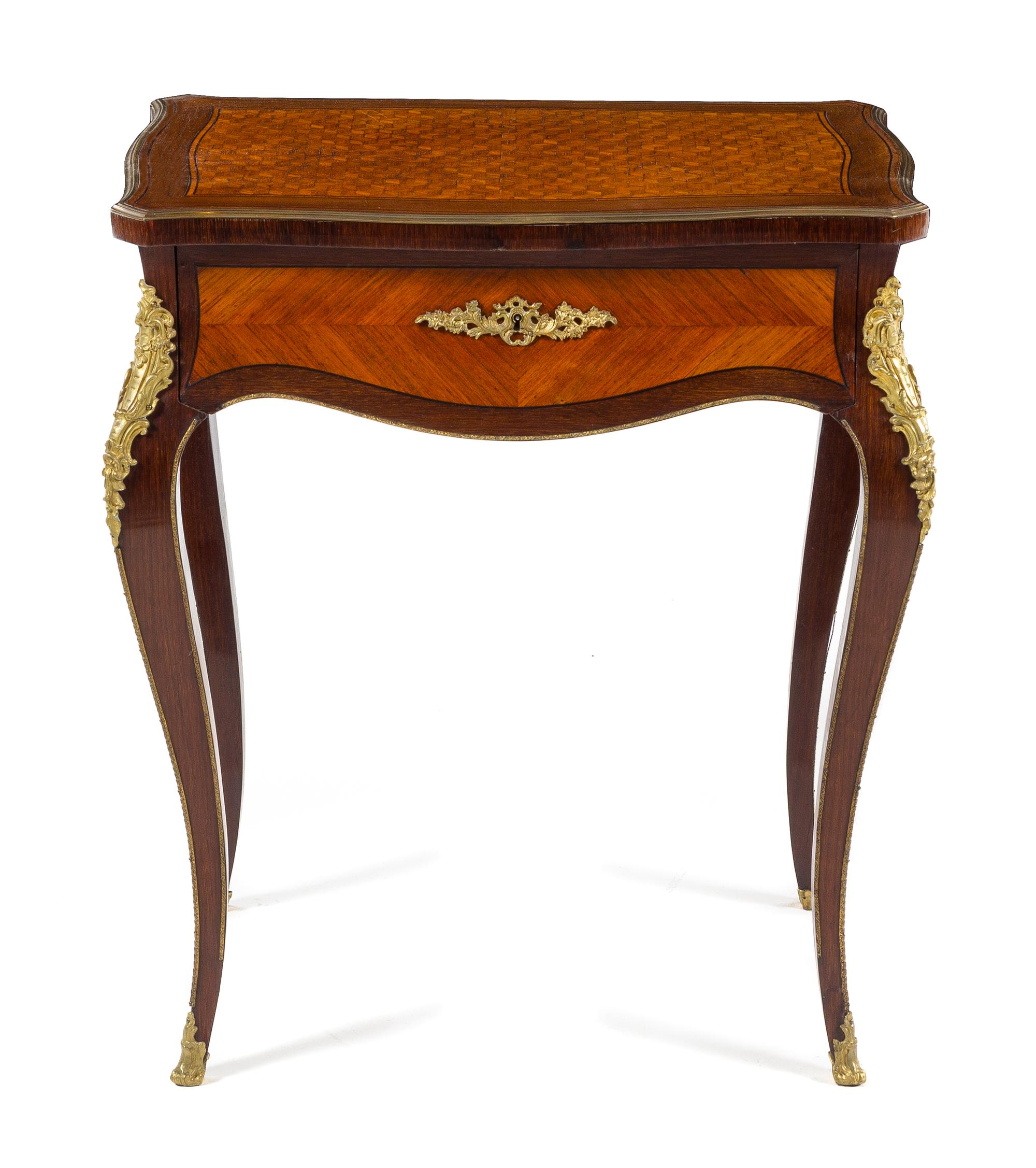 A Louis XV Style Gilt Bronze Mounted Kingwood and Parquetry Sewing Table Height 28 1/2 x width 24 1/2 x depth 17 inches. — EARLY 20TH CENTURY