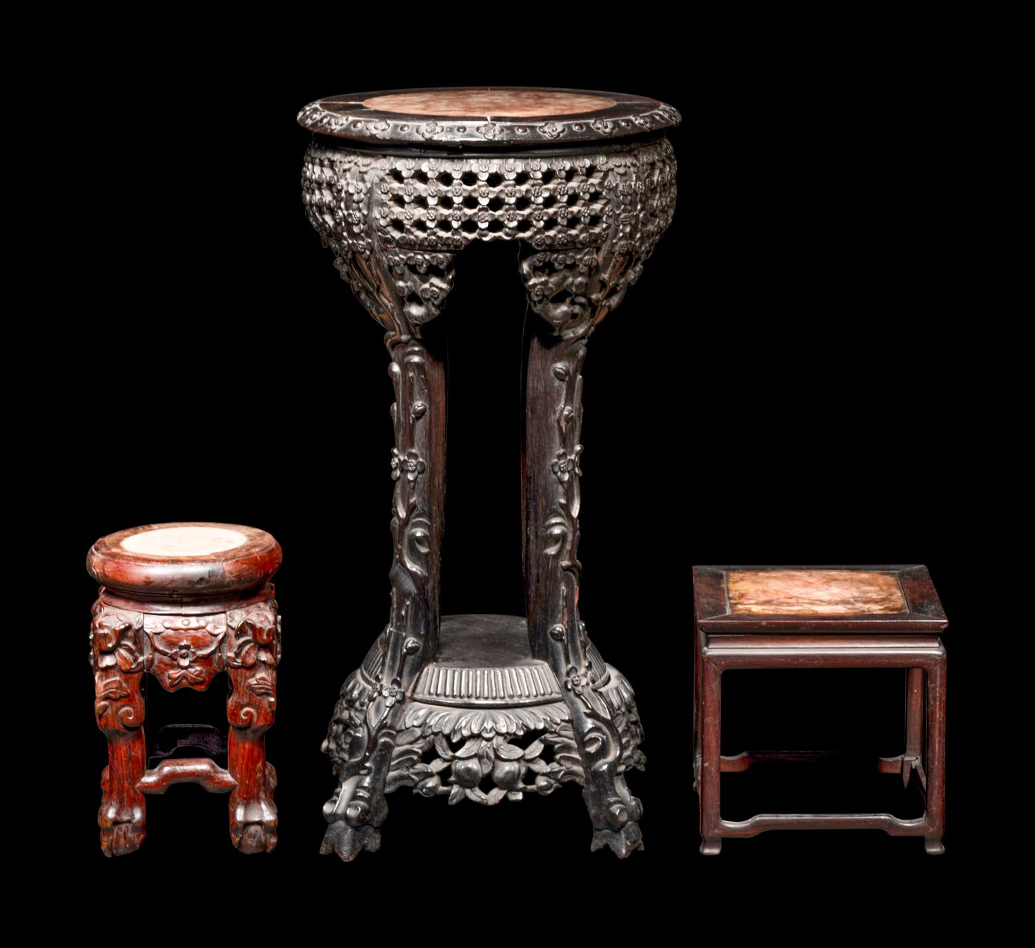 Three Chinese Marble Top Inset Hardwood Stands