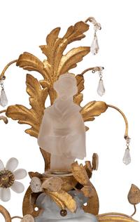 A Pair of Gilt Metal and Frosted Glass Figural Two-Light Sconces in the Style of Maison Baguès