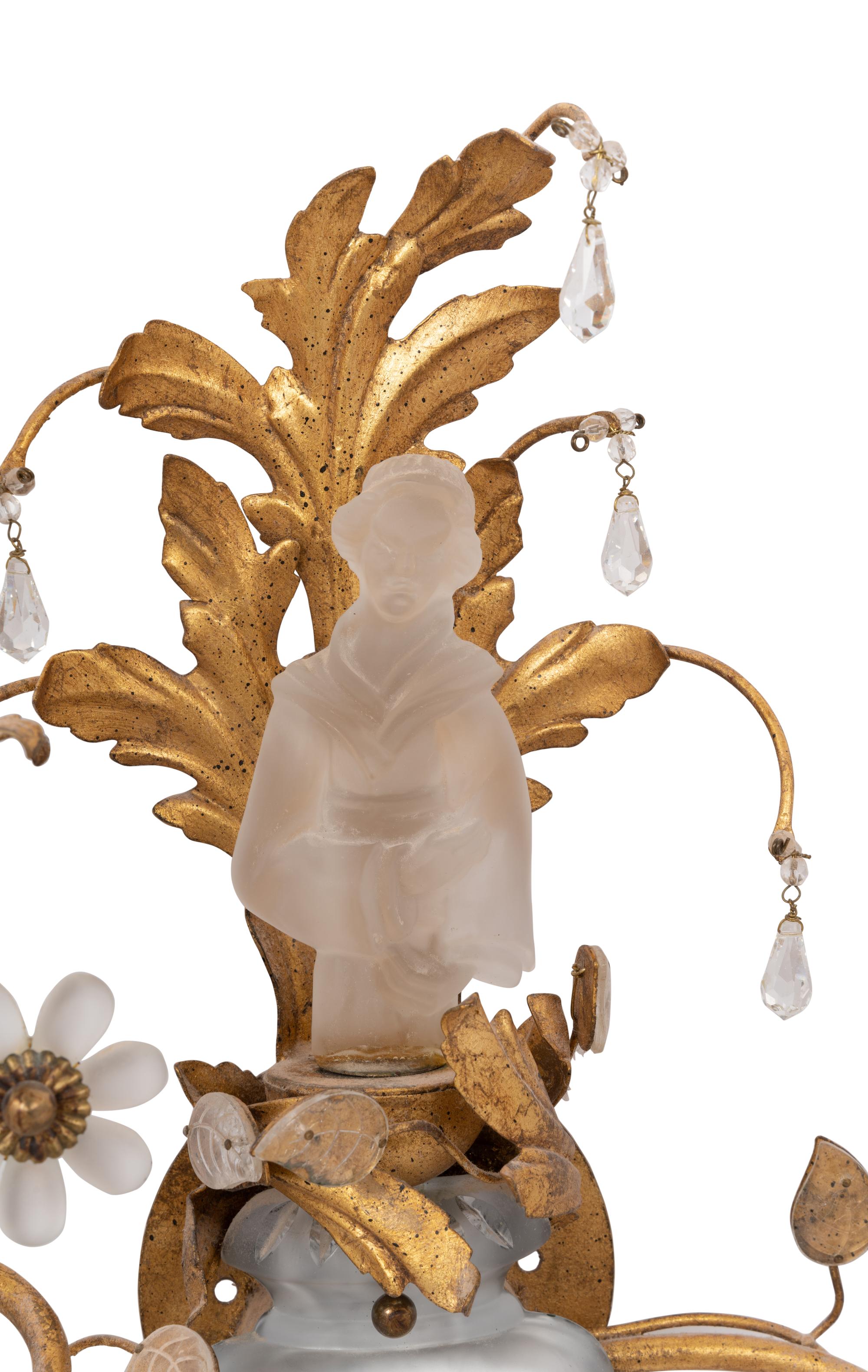 A Pair of Gilt Metal and Frosted Glass Figural Two-Light Sconces in the Style of Maison Baguès