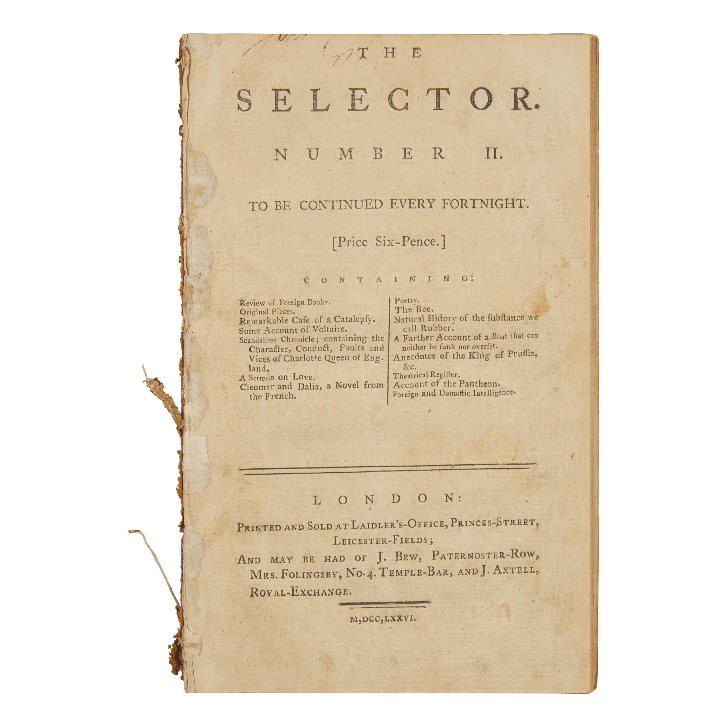 [American Revolution] (Hale, Nathan). A Short-Lived and Rarely Seen Biweekly Periodical Featuring a Report of the Execution of American Spy, Nathan Hale