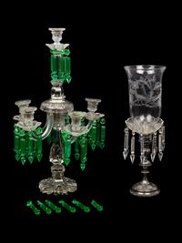 An Irish Cut and Colored Glass Six-Light Candelabrum and an American Silver-Plate Etched and Cut Glass Hurricane Lamp