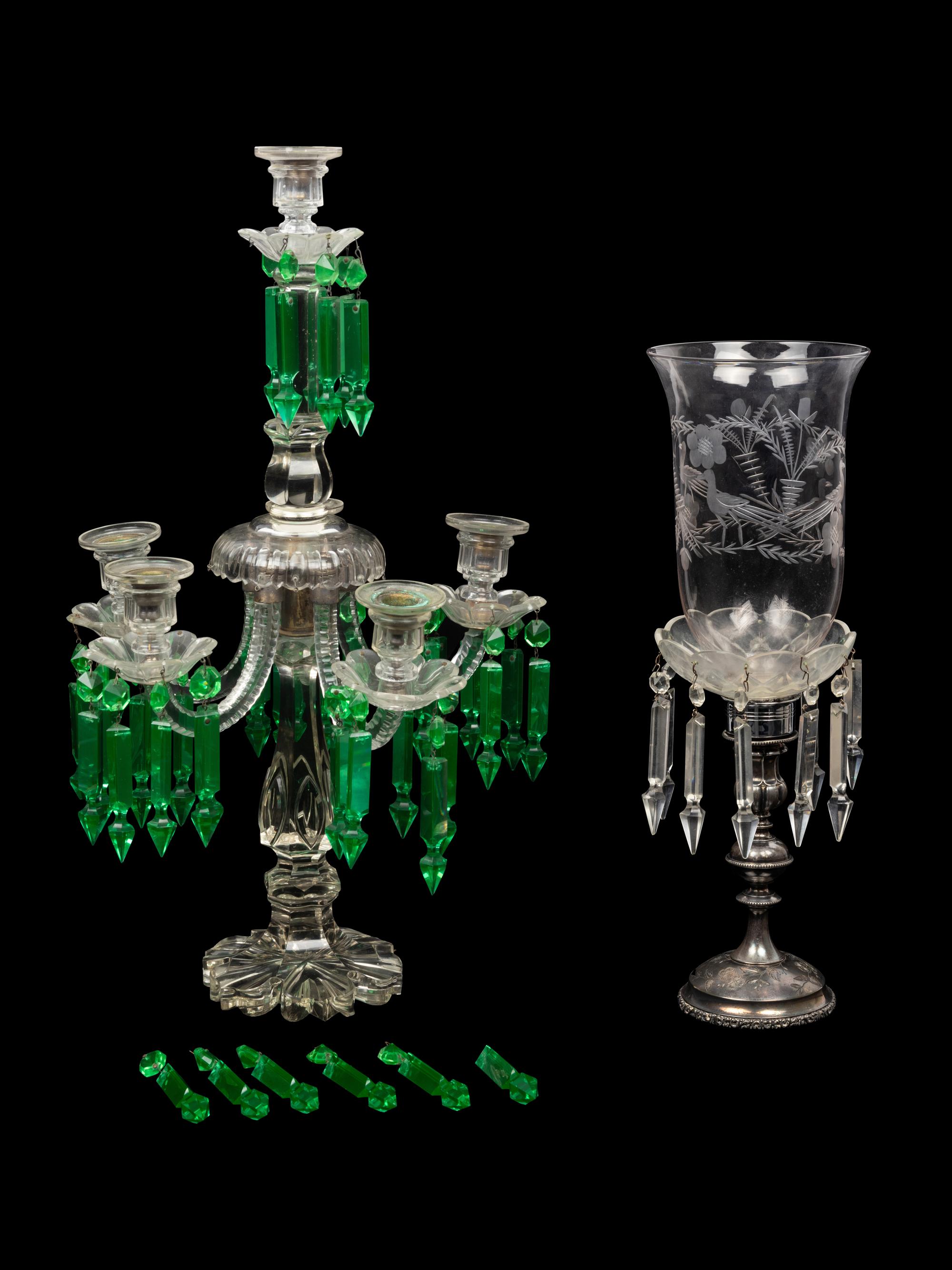 An Irish Cut and Colored Glass Six-Light Candelabrum and an American Silver-Plate Etched and Cut Glass Hurricane Lamp
