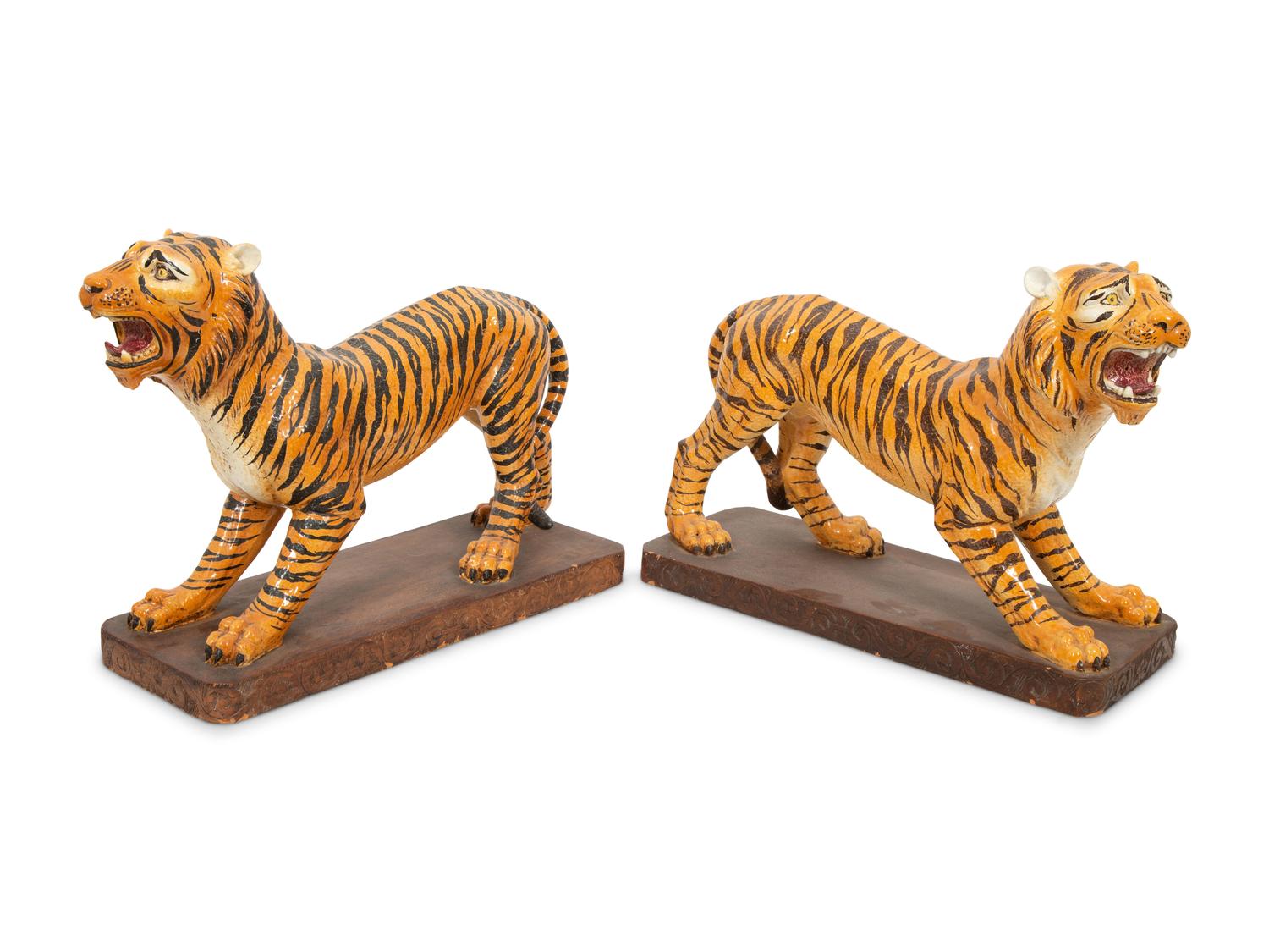 A Pair of Italian Glazed Terracotta Figures of Standing Tigers