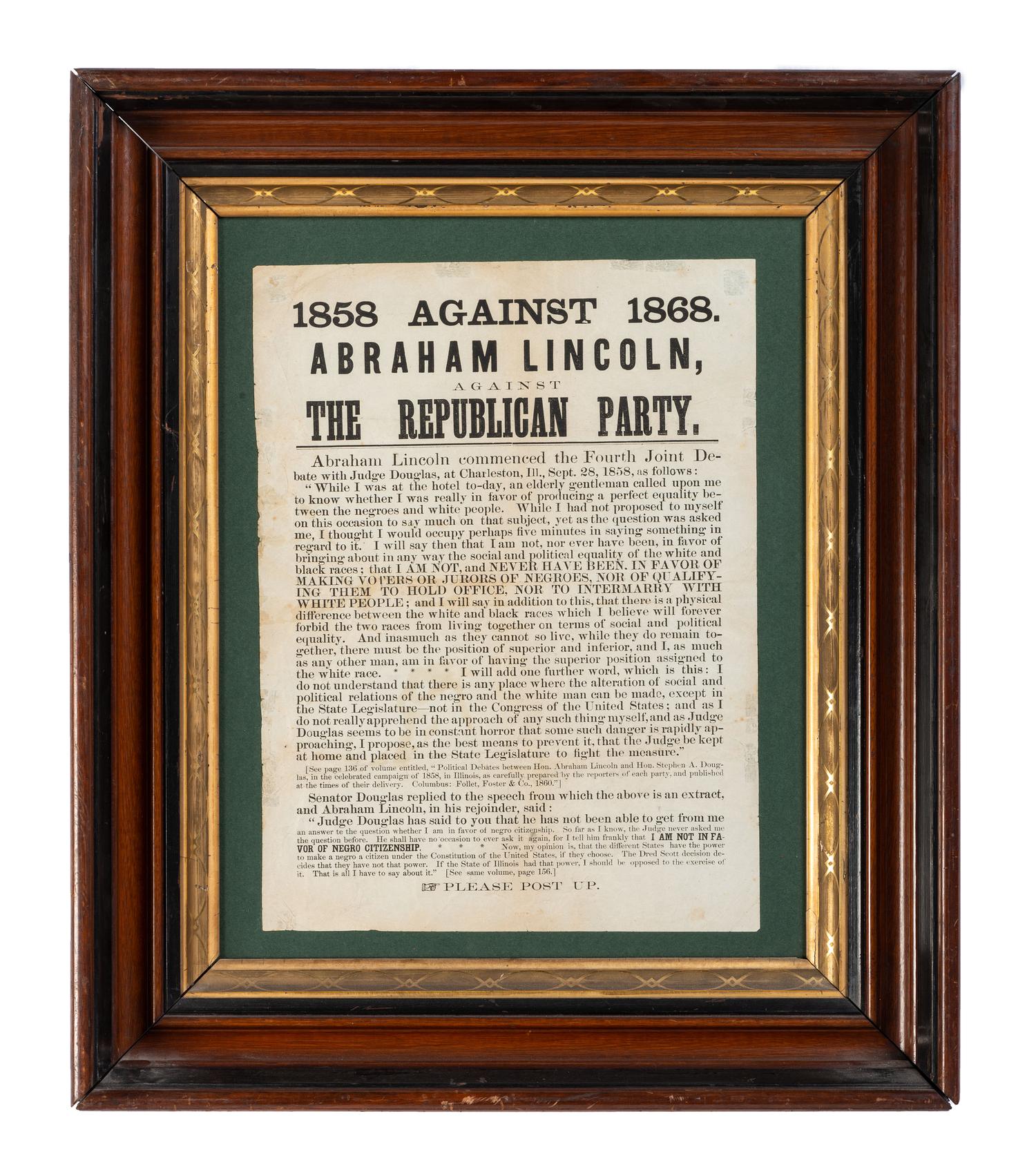 [POLITICS] -- [14TH AMENDMENT]. 1858 1868. Against Abraham Lincoln, Against the Republican Party. N.p.: N.p., [1868?].