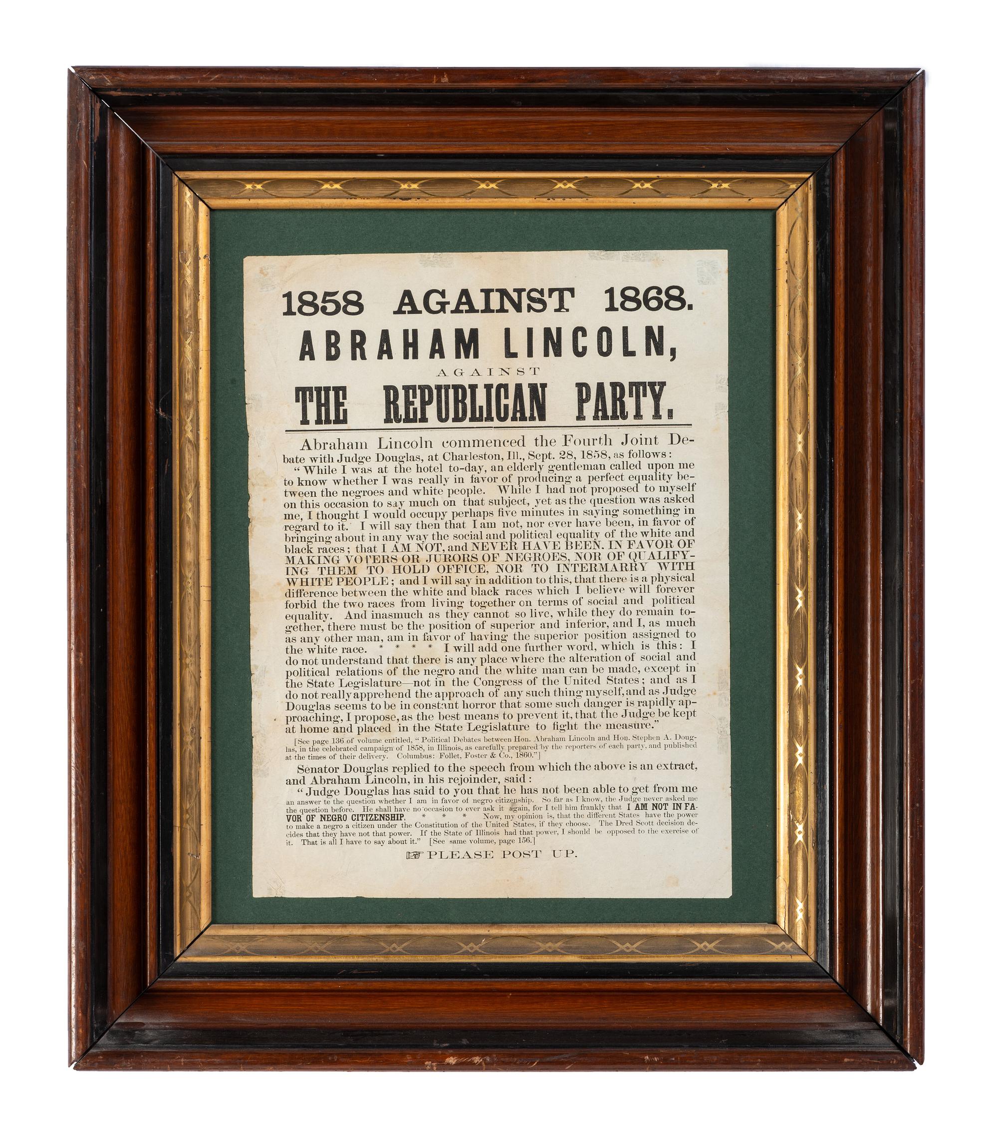 [POLITICS] -- [14TH AMENDMENT]. 1858 1868. Against Abraham Lincoln, Against the Republican Party. N.p.: N.p., [1868?].