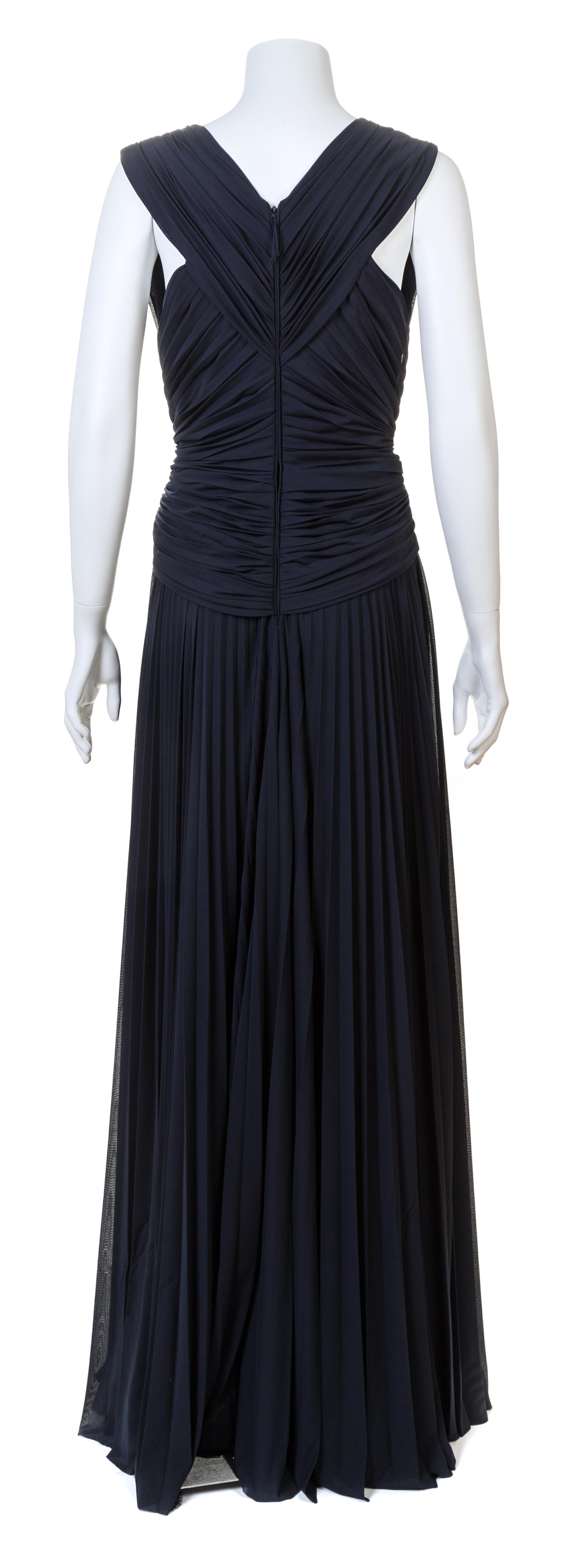 A J. Mendel Navy Jersey Starburst Sleeveless Pleated Gown, Size 6.