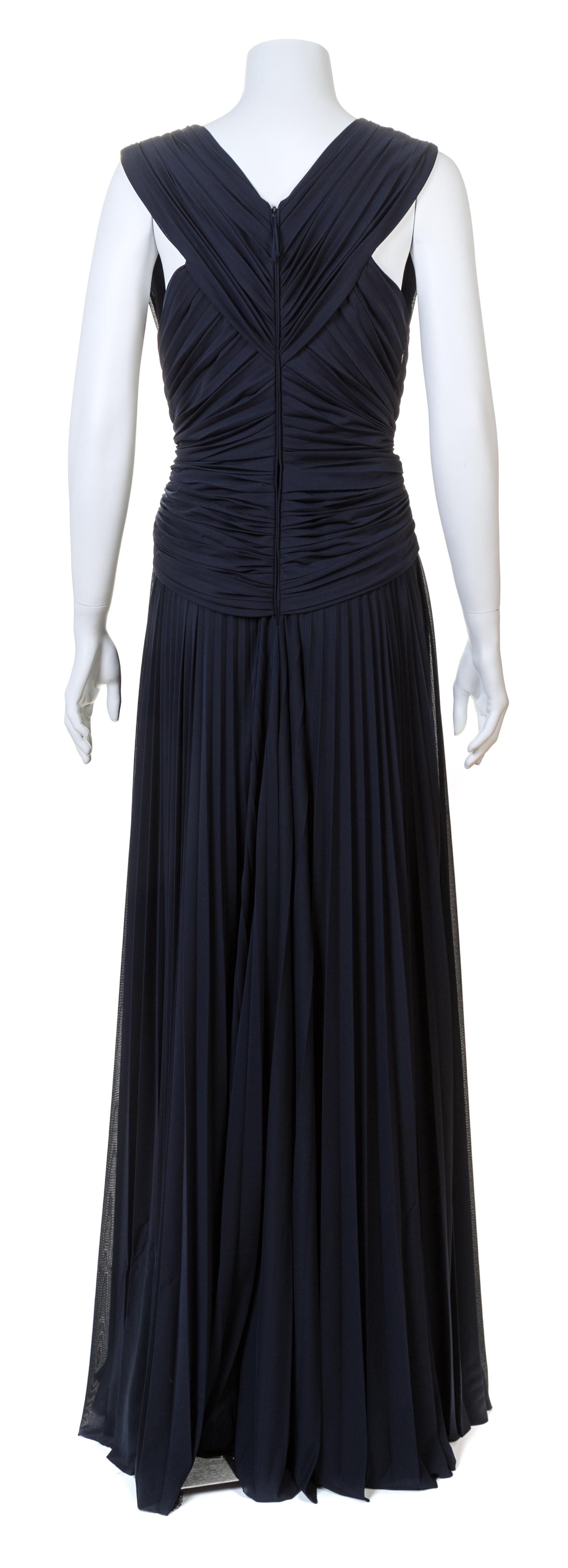 A J. Mendel Navy Jersey Starburst Sleeveless Pleated Gown, Size 6.