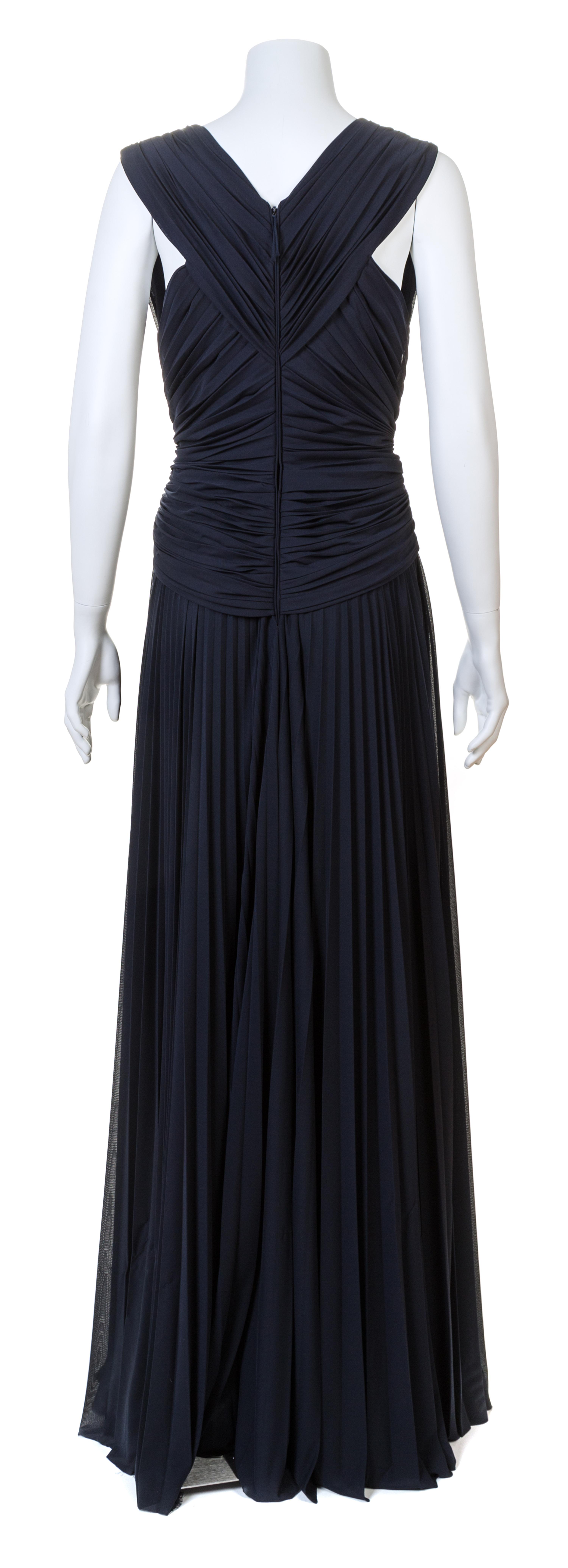 A J. Mendel Navy Jersey Starburst Sleeveless Pleated Gown, Size 6.