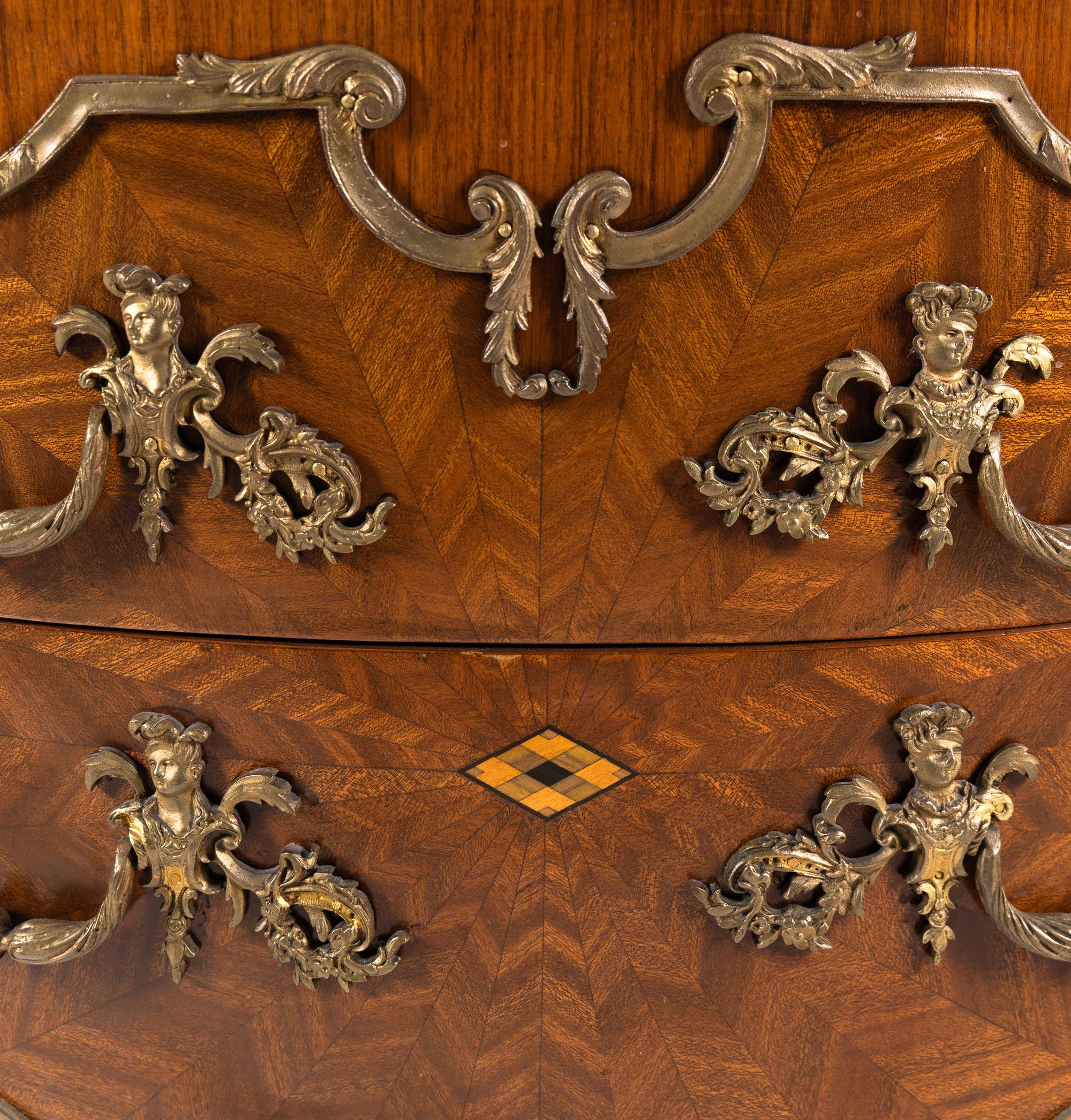 A Louis XV Style Gilt Bronze Mounted Parquetry Marble-Top Commode