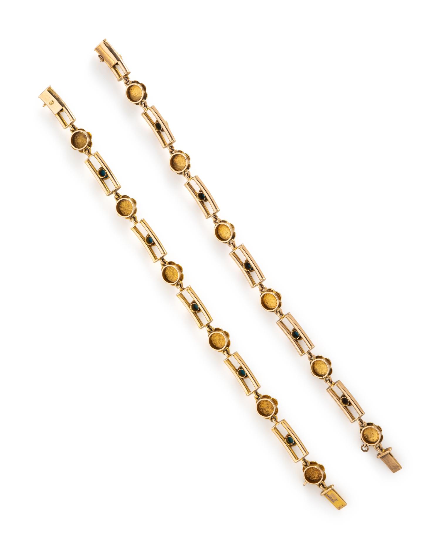 ANTIQUE, PAIR OF TURQUOISE, SEED PEARL, AND YELLOW GOLD BRACELETS