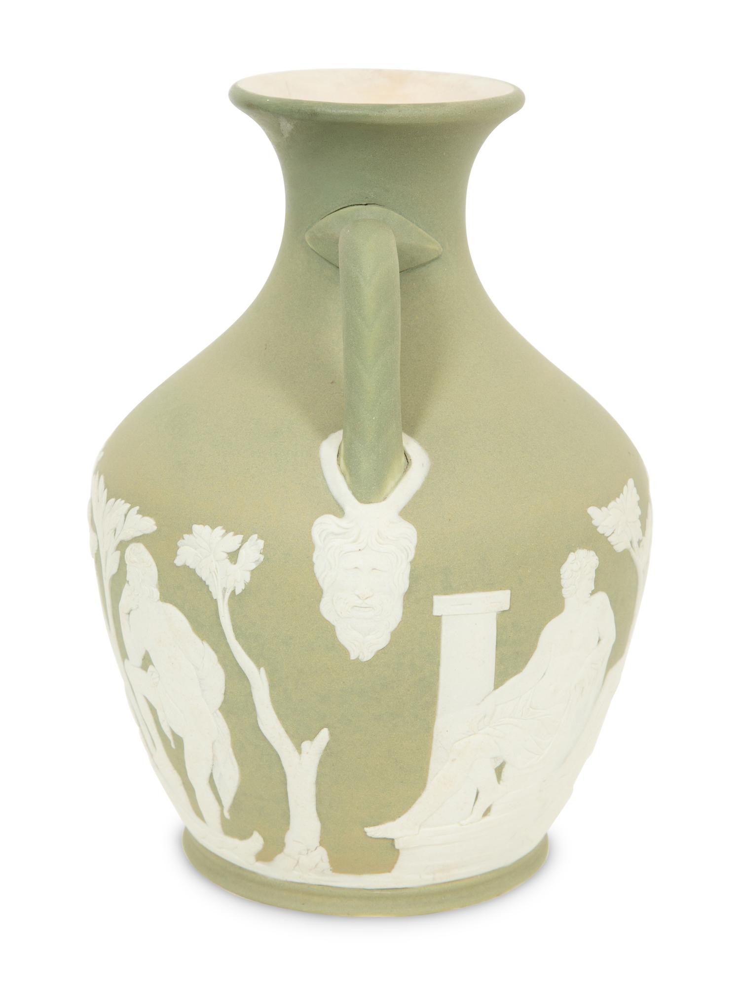 A Green Wedgwood Jasperware Portland Vase and Biscuit Barrell with Silver Plate Handle, Top and Base combined with biscuit barrell 323704/124