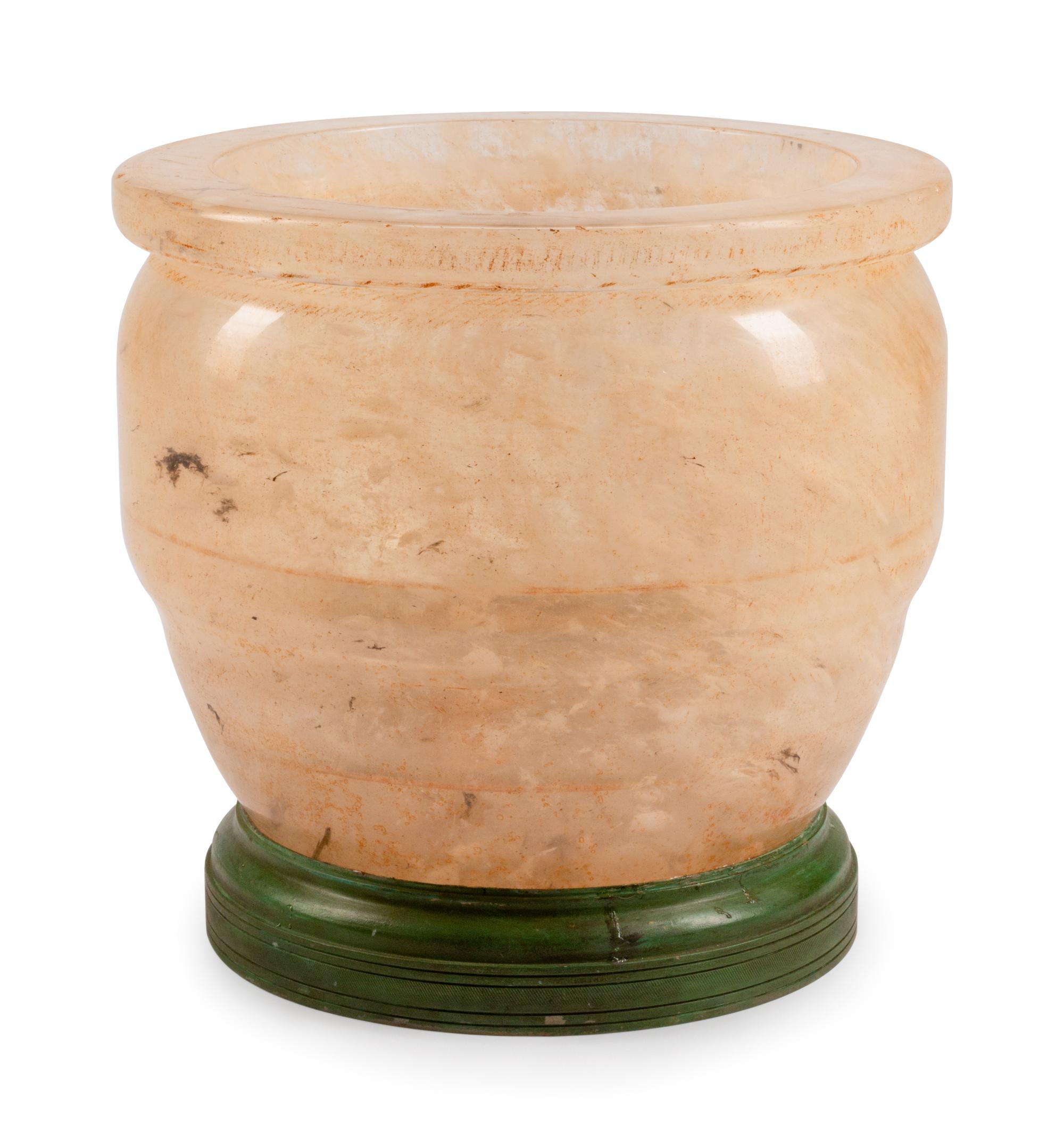 A Large Quartz Bowl on a Patinated Bronze Stand