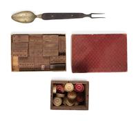 Private Byron A. Straight, Company B, 112th New York Volunteer Infantry. A group of personal effects including Union Army fork and spoon, checkers, and dominoes.