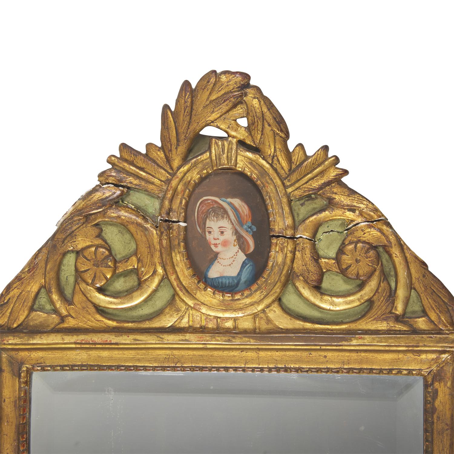 A Neoclassical Green-Painted and Parcel-Gilt Mirror Inset with Portrait of a Lady